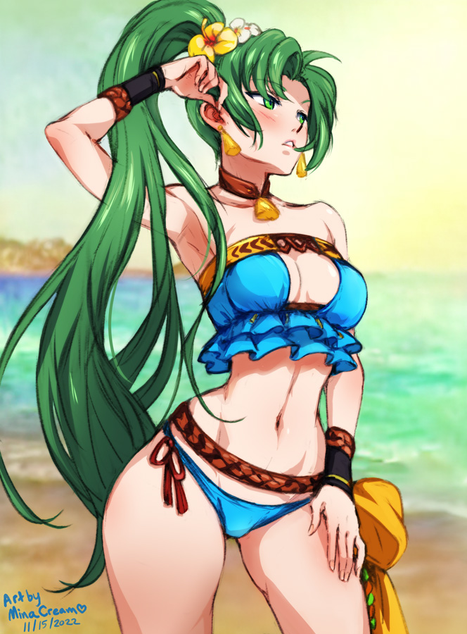 1girls alternate_costume armpits artist_name bare_thighs beach bikini blue_bikini blue_swimsuit blush breasts cleavage collar commentary dated earrings english_commentary female female_only fire_emblem fire_emblem:_the_blazing_blade fire_emblem_heroes flower green_eyes green_hair hair_flower hair_ornament jewelry long_hair looking_away lyn_(fire_emblem) lyn_(summer)_(fire_emblem) medium_breasts minacream navel nintendo ocean official_alternate_costume outdoors ponytail solo stomach swimsuit thick_thighs thigh_gap thighs very_long_hair water white_flower yellow_flower