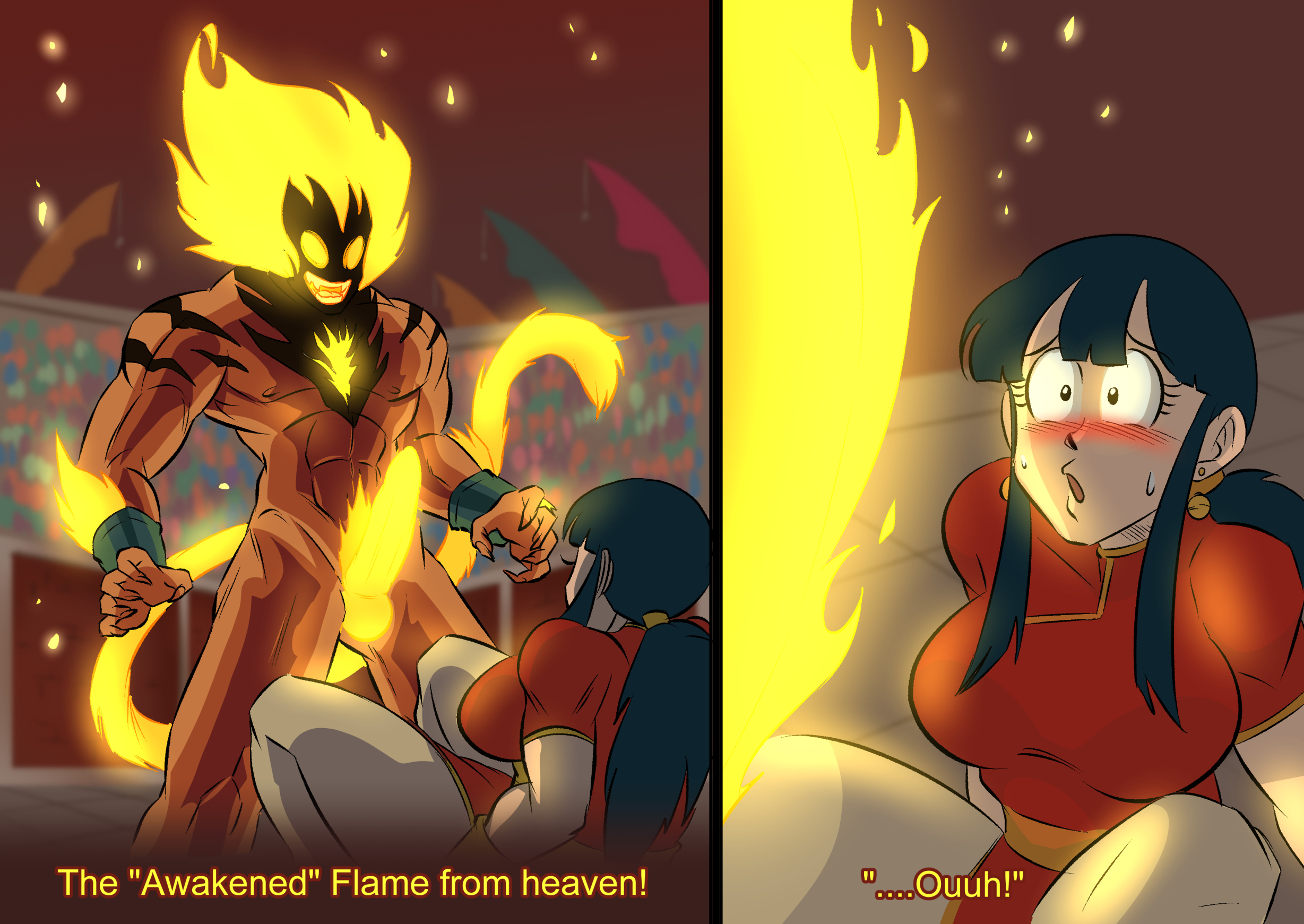 alternate form, chichi, china dress, clothed female nude male, dark skin, dark-skinned male, dragon ball, dragon ball (classic), duo, erection, female, funsexydragonball, glowing, glowing eyes, glowing hair, glowing penis, glowing tail, imminent sex, large penis, legend: a dragon ball tale, male, penis, penis awe, saviour from heaven, son goku, straight, subtitled, tail