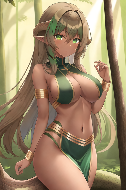 artist_request bad_id big_breasts brown_hair dark-skinned_female elf_ears game_freak gijinka green_eyes nintendo pokemon pokemon_ss silicobra snake snake_girl source_request year_request