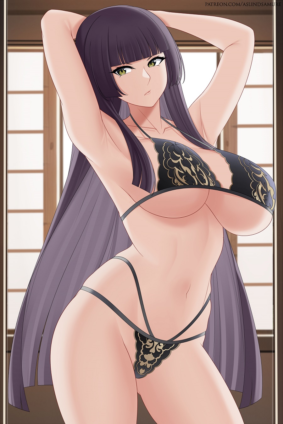 aslindsamure big_breasts bra breasts curvy curvy_female curvy_figure fairy_tail green_eyes hime_cut kagura_mikazuchi long_hair seduction seductive seductive_eyes seductive_look seductive_mouth seductive_pose