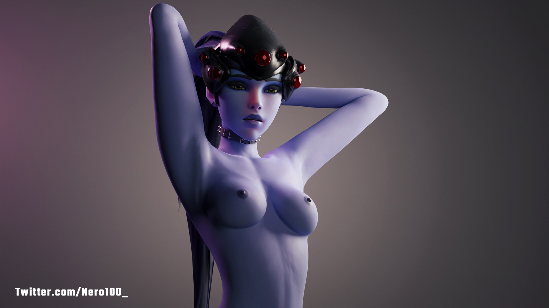 16:9, 1girls, 3d, amelie lacroix, armpit, arms up, blender, blizzard entertainment, breasts, chest, collar, dark hair, female, female only, hands behind head, headgear, hi res, legs, lipstick, long hair, makeup, medium breasts, nails, overwatch, overwatch 2, pose, purple, purple hair, purple skin, shiny skin, small breasts, solo, topless, twitter username, upper body, widowmaker, yellow eyes