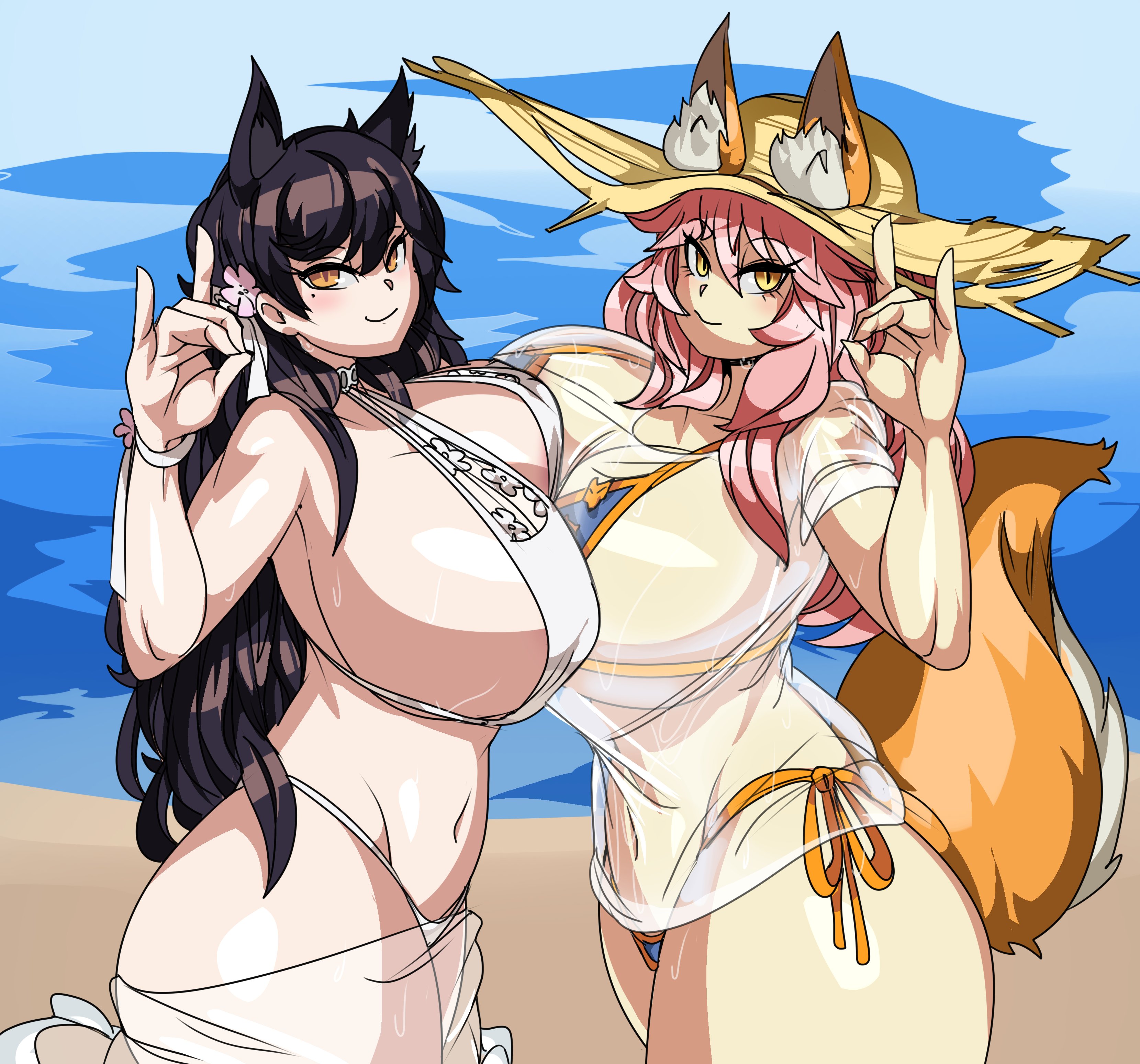 2girls, animal ears, ass, atago (azur lane), azur lane, beach, big breasts, black hair, blush, breast press, breasts, busty, captain kirb, crossover, fate (series), fate/grand order, female, female only, fox girl, fox tail, hat, huge breasts, large breasts, looking at viewer, ocean, outside, pink hair, sand, smile, sweat, tail, tamamo no mae (fate), thick thighs, water, wide hips, yellow eyes