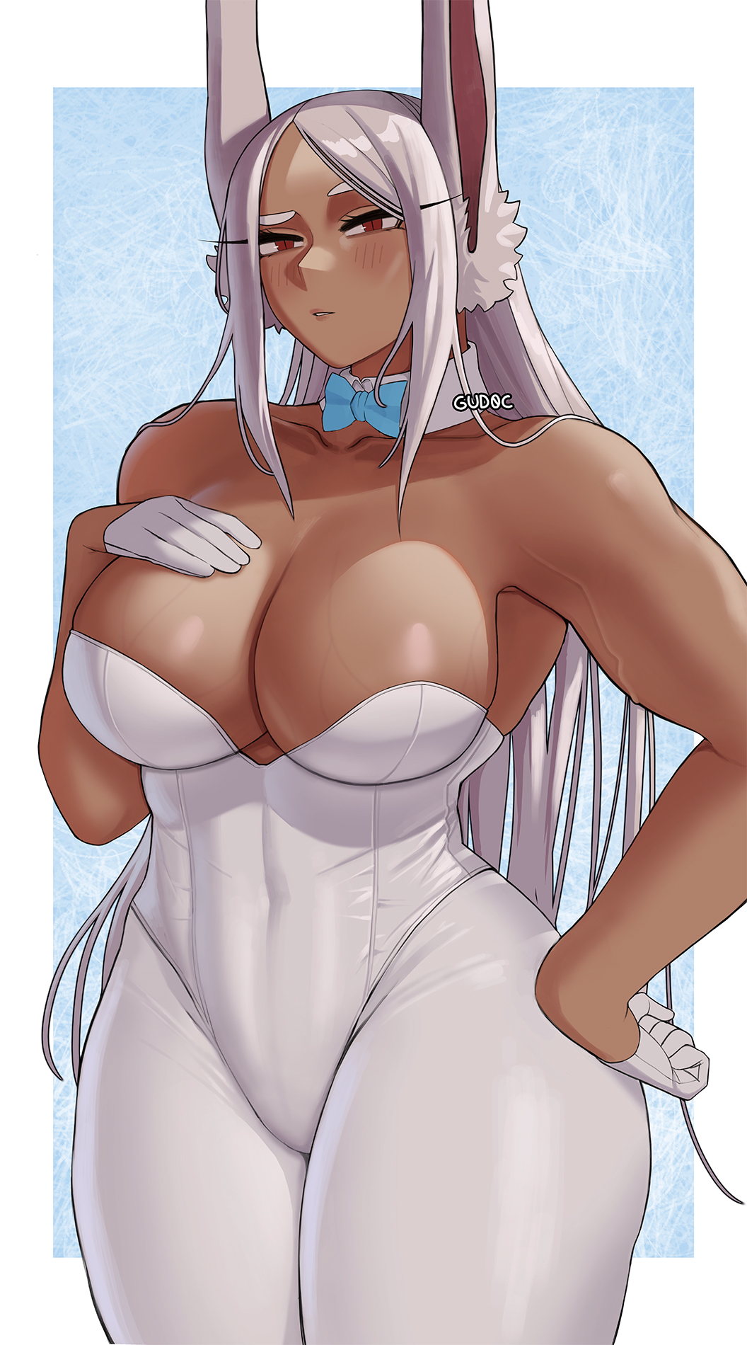 1girls, big breasts, breasts, bunny ears, dark skin, dark-skinned female, eye contact, female, gud0c, huge breasts, leotard, long hair, looking at viewer, miruko, my hero academia, red eyes, rumi usagiyama, solo, standing, thick thighs, veiny breasts, voluptuous, white hair, white-haired female, wide hips