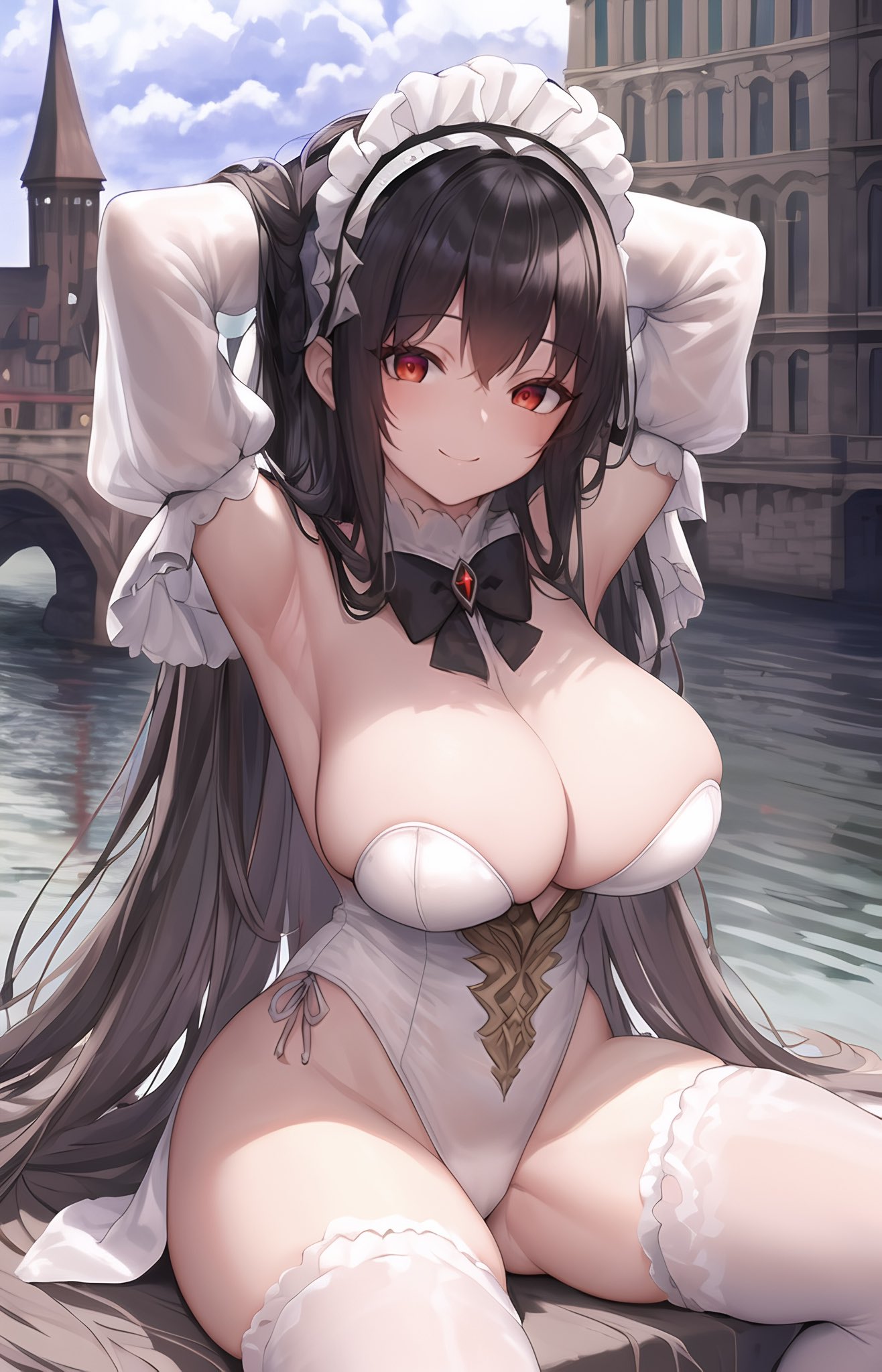 1girls, ai generated, armpits, arms up, black hair, breasts, city, cleavage, female, highleg leotard, huge breasts, leotard, long hair, looking at viewer, maid, maid headdress, massive breasts, original, original character, outdoors, red eyes, smile, solo, stable diffusion, stuffyai, thick thighs, water