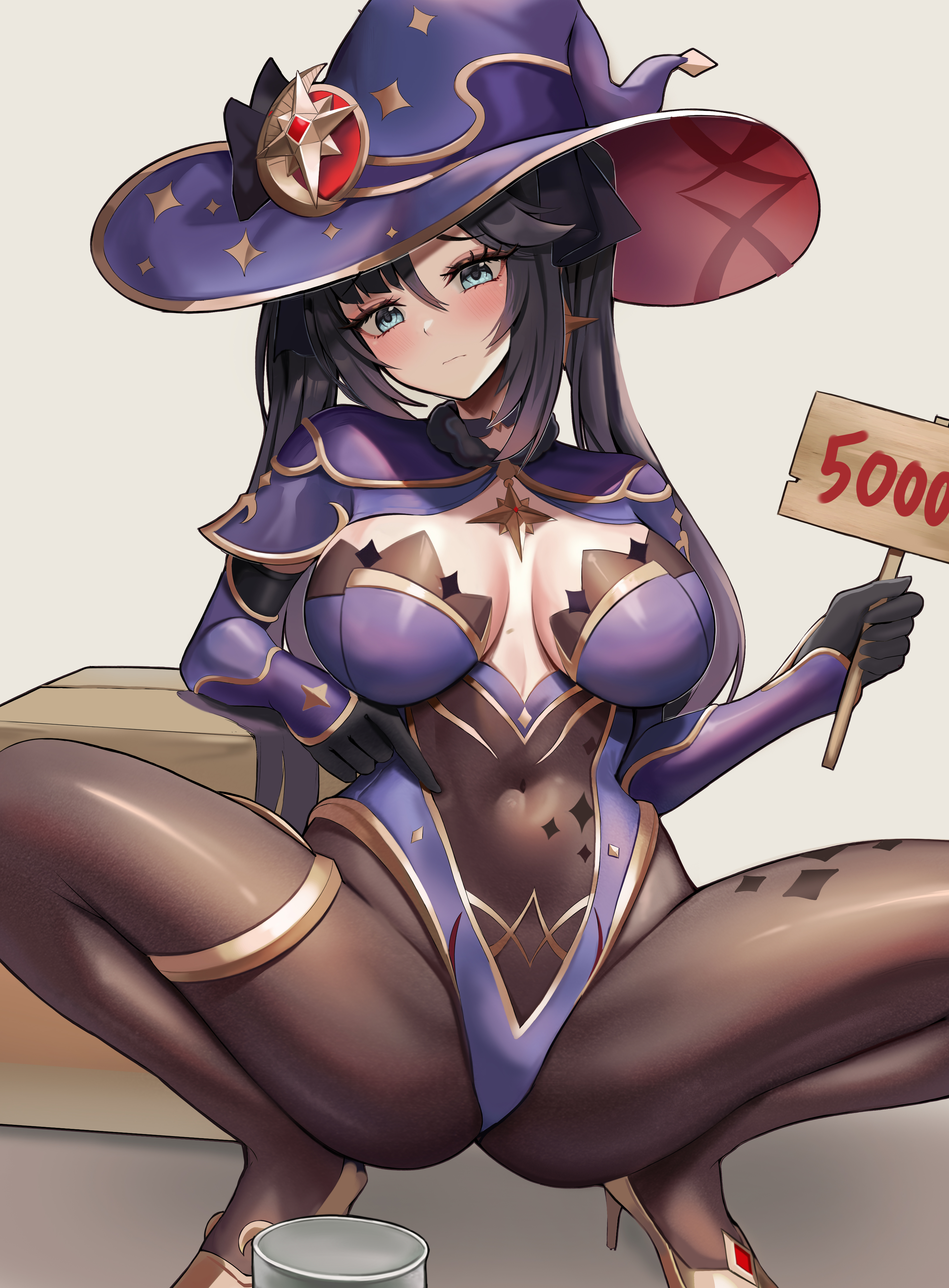 1girls, alternate breast size, black hair, blush, breasts, clothed, female, genshin impact, green eyes, hat, heels, highleg leotard, holding object, large breasts, large hat, leotard, light skin, light-skinned female, long hair, mona (genshin impact), onedoo, prostitution, spread legs, squatting, thick thighs, thighs, tights, twintails, very high resolution, witch hat