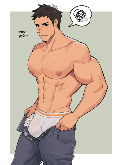 1boy abs adonis_belt areola areolae artist_request belly belly_button biceps blush blushing briefs brown_hair bulge clothed clothed_male clothes clothing color colored denim english_text feet_out_of_frame front_view frown frustrated grey_background haikyuu!! hair half-dressed human human_only jeans light-skinned_male light_skin low_res lowres male male_focus male_only motion_lines muscle muscles muscular muscular_arms muscular_male navel nipples pants pants_pull partially_clothed pecs penis plain_background sawamura_daichi short_hair simple_background solo solo_focus solo_male source_request stomach struggling struggling_to_fit sweat sweatdrop text tight_clothing tight_fit tight_pants_(meme) topless topless_male unamused unbuttoned underwear wardrobe_malfunction white_underwear