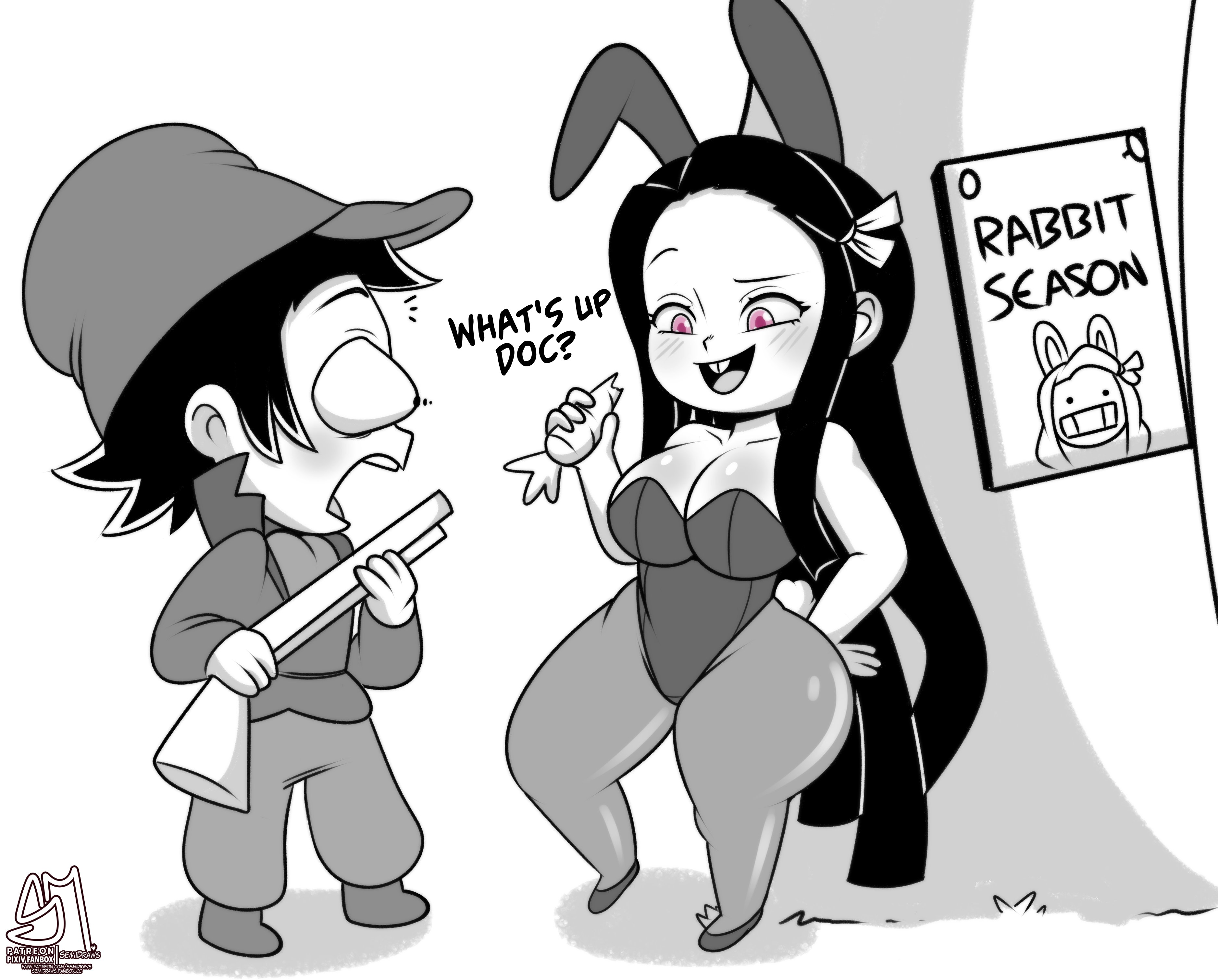 1boy, 1girls, 2023, big breasts, blush, breasts, brother and sister, bunnysuit, carrot, cleavage, demon slayer, female, female focus, greyscale, hat, imminent death, implied incest, incest, kamado nezuko, kamado tanjirou, kimetsu no yaiba, leotard, male, monochrome, pantyhose, parody, semidraws, standing, surprised, thick thighs, thighs, wide hips, year of the rabbit