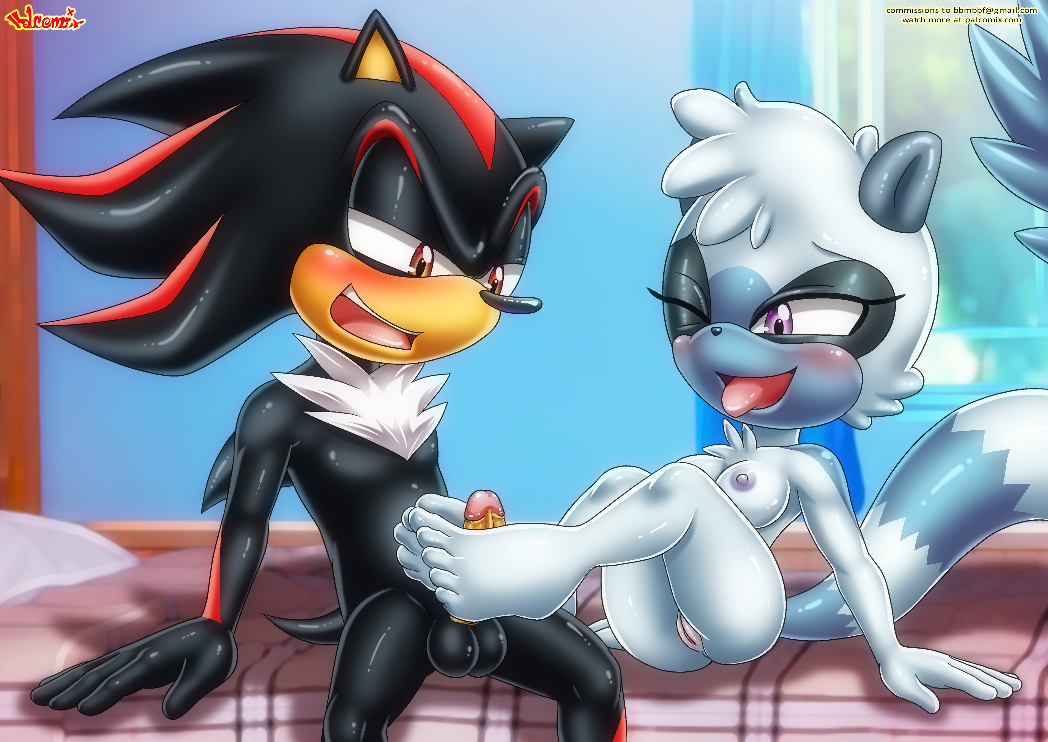 5 fingers, anthro, barefoot, bbmbbf, bed, black body, black fur, black nose, blush, breasts, chest tuft, eulipotyphlan, feet, female, footjob, grey body, grey fur, hair, happy sex, hedgehog, humanoid feet, idw comics, idw publishing, lemur, long tail, male, male/female, mobian, mobian (species), mobius unleashed, nude, palcomix, penis, primate, purple eyes, pussy, red eyes, sega, sex, shadow the hedgehog, soles, sonic (series), sonic the hedgehog (comics), sonic the hedgehog (idw), sonic the hedgehog (series), tangle the lemur, toes