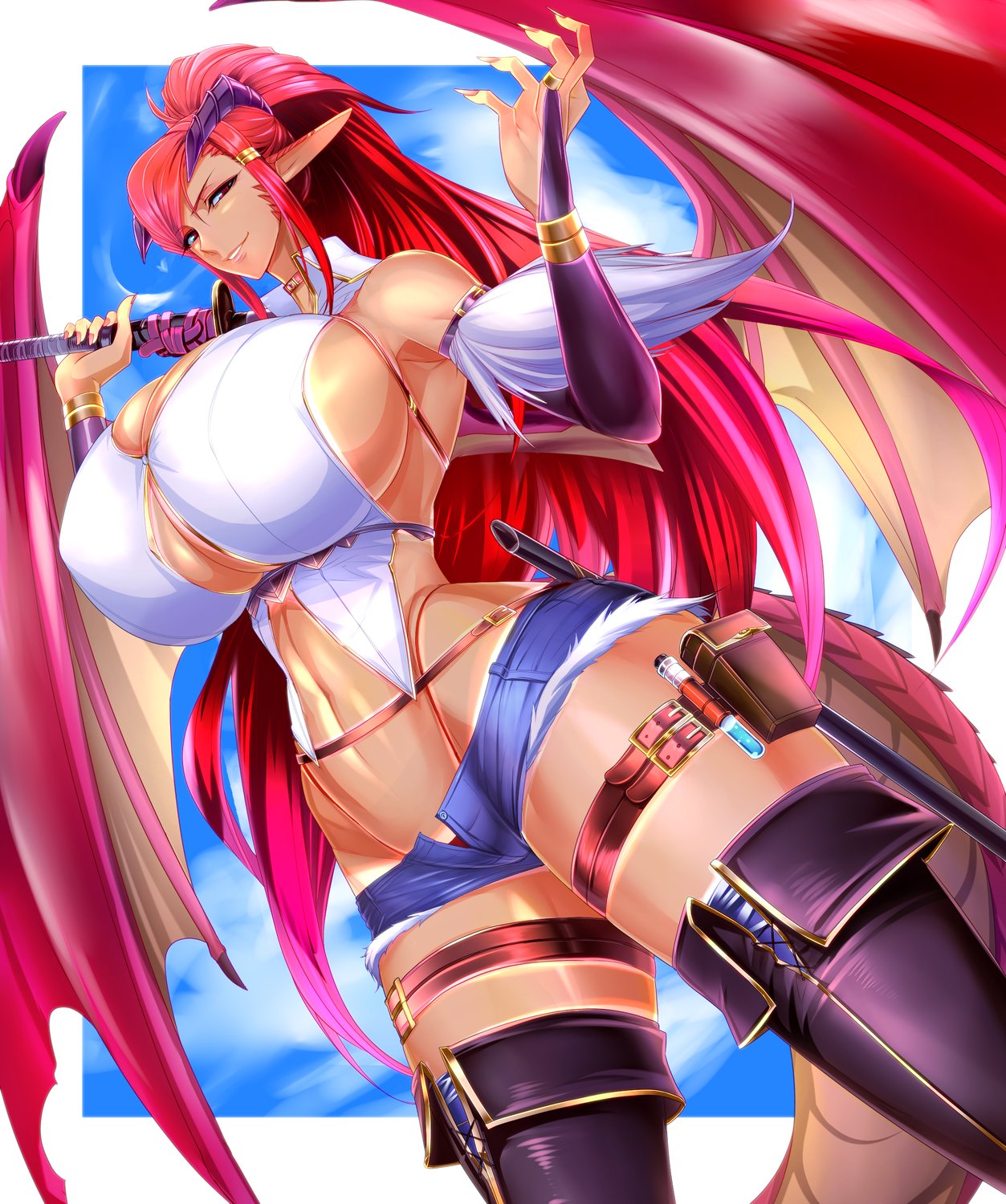 1girls, blade, blue sky, boots, breasts, bursting breasts, clouds, confident, dekachinshota ga i sekai de bakunyū bijo o chin make onaho ni suru hanashi, dragon girl, dragon horns, dragon tail, dragon wings, enormous breasts, female, female only, fingerless gloves, gloves, horns, huge breasts, huge cleavage, katana, long nails, massive breasts, pointy ears, potion, propellercube (puropera), purple gloves, red eyes, red hair, sky, solo, sword, tail, tan skin, tan-skinned female, tanlines, thigh boots, weapon, wings, yggvilla
