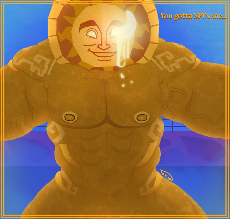 1boy abs andromorph bara barely_visible_genitalia bent_over boarder clitoris cuntboy deity dialogue digital_media_(artwork) drooling fence fighting_flower fog glowing_drool glowing_tongue humanoid incan_mythology indigenous_south_american_mythology intersex jackbox_games large_nipples large_pectorals markings moobs muscular nude object_head saliva_string signature solo sweat talking_to_viewer tan_body tattoo text the_jackbox_party_pack_8 the_wheel_of_enormous_proportions the_wheel_of_enormous_proportions_(jackbox) thick_eyebrows tongue_out veiny_muscles wrinkles