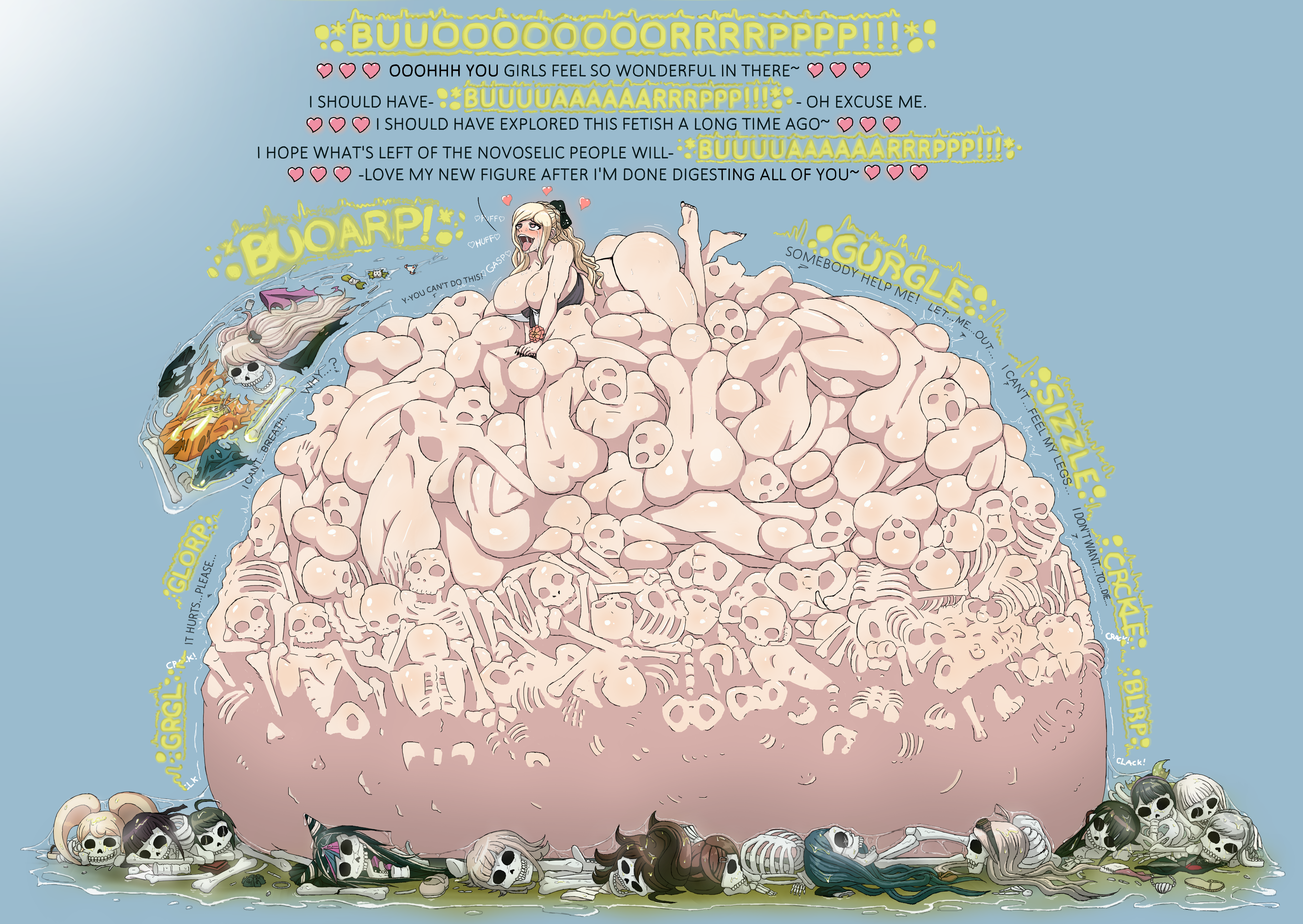 ass, big ass, black nails, blonde hair, bone, bones, bones in belly, breasts, burping, burping up skull, danganronpa, danganronpa 2: goodbye despair, digestion, digestion noises, fatal vore, fatality, female, female pred, heart-shaped pupils, huge breasts, hyper belly, mass vore, mw14, princess, skull, sonia nevermind, vore