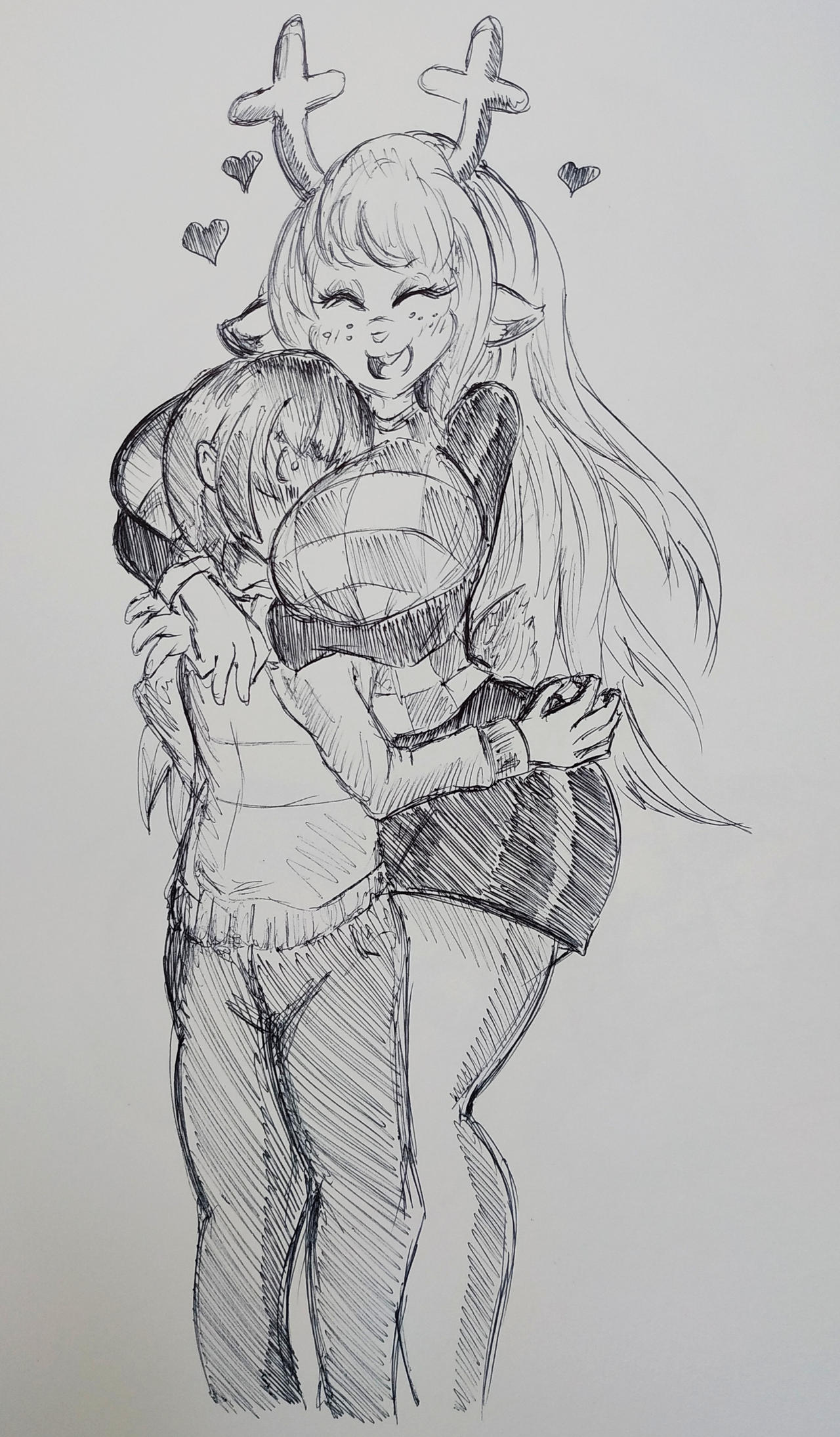 1girls anthro antlers big_breasts blush breast_smother breasts buckteeth closed_eyes cute deer deltarune face_between_breasts face_in_breasts female freckles fur furry hand_drawn heart hug huge_breasts hugging human_on_anthro kris_(deltarune) larger_female legs noelle_holiday pikapika212 reindeer shocked_expression size_difference smothering thick_thighs wholesome