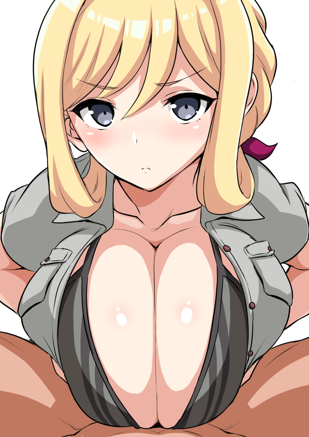 1boy 1girls alice_gear_aegis bikini bikini_under_clothes black_bikini black_eyes blonde_hair blush breast_pocket breasts breasts_squeezed_together cleavage collarbone engulfing_paizuri female highres large_breasts light-skinned_female light-skinned_male light_skin long_hair looking_at_viewer open_clothes open_shirt paizuri paizuri_under_clothes pocket pov rita_henschel short_sleeves solo_focus spread_legs straight swimsuit tawashi1623 unbuttoned unbuttoned_shirt v-shaped_eyebrows