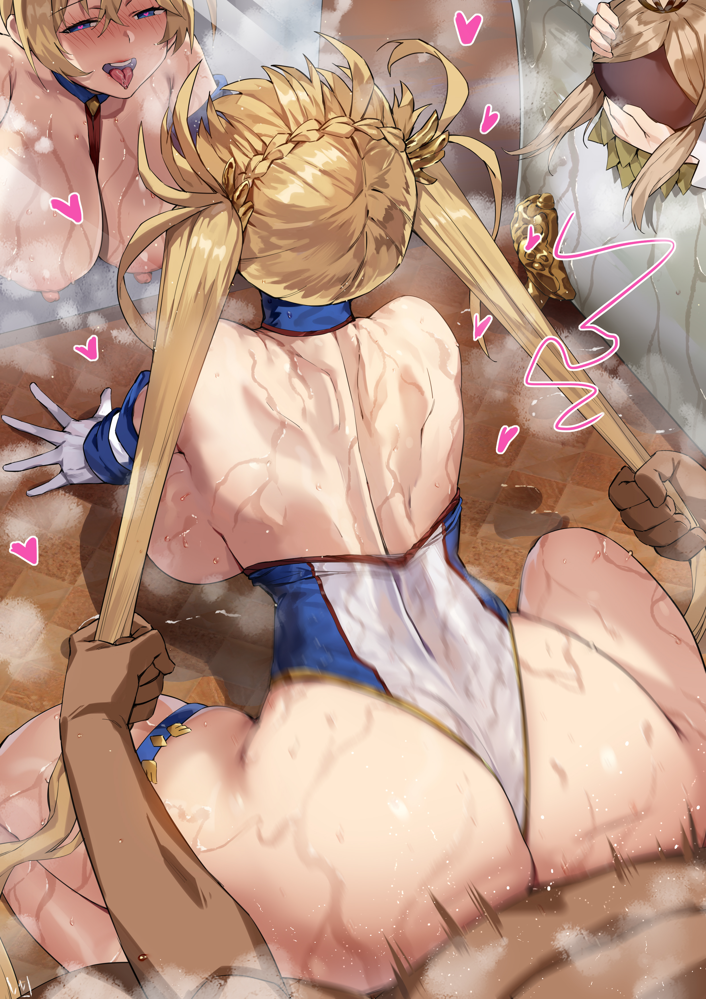 1boy, 2girls, ahe gao, all fours, anastasia (fate), ass, back, back view, backboob, bathroom, bathtub, being watched, bending over, bradamante (fate), breasts, bubble ass, bubble butt, club3, doggy style, fate (series), fate/grand order, female, from behind, fujimaru ritsuka (male), hair grab, hair pull, heart-shaped pupils, highleg leotard, huge ass, huge breasts, indoors, leotard, light skin, light-skinned female, long gloves, male, mirror, motion blur, nanaya (daaijianglin), naughty face, pleasure face, sex, steam, steaming body, suggestive look, sweat, sweaty body, thick ass, thick thighs, thigh strap, very high resolution, wet, wet body