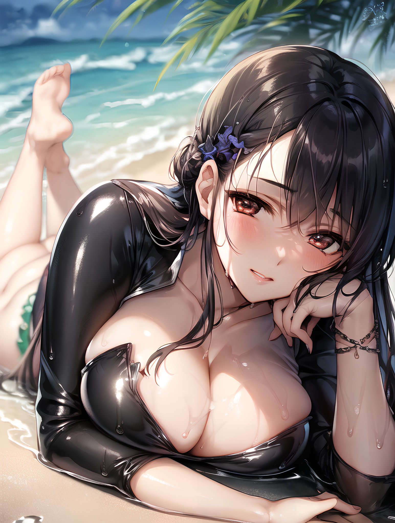 ai generated, beach, big breasts, black hair, breasts, curvy figure, female, female focus, female only, long hair, stable diffusion, voluptuous female, wet clothes, wet skin