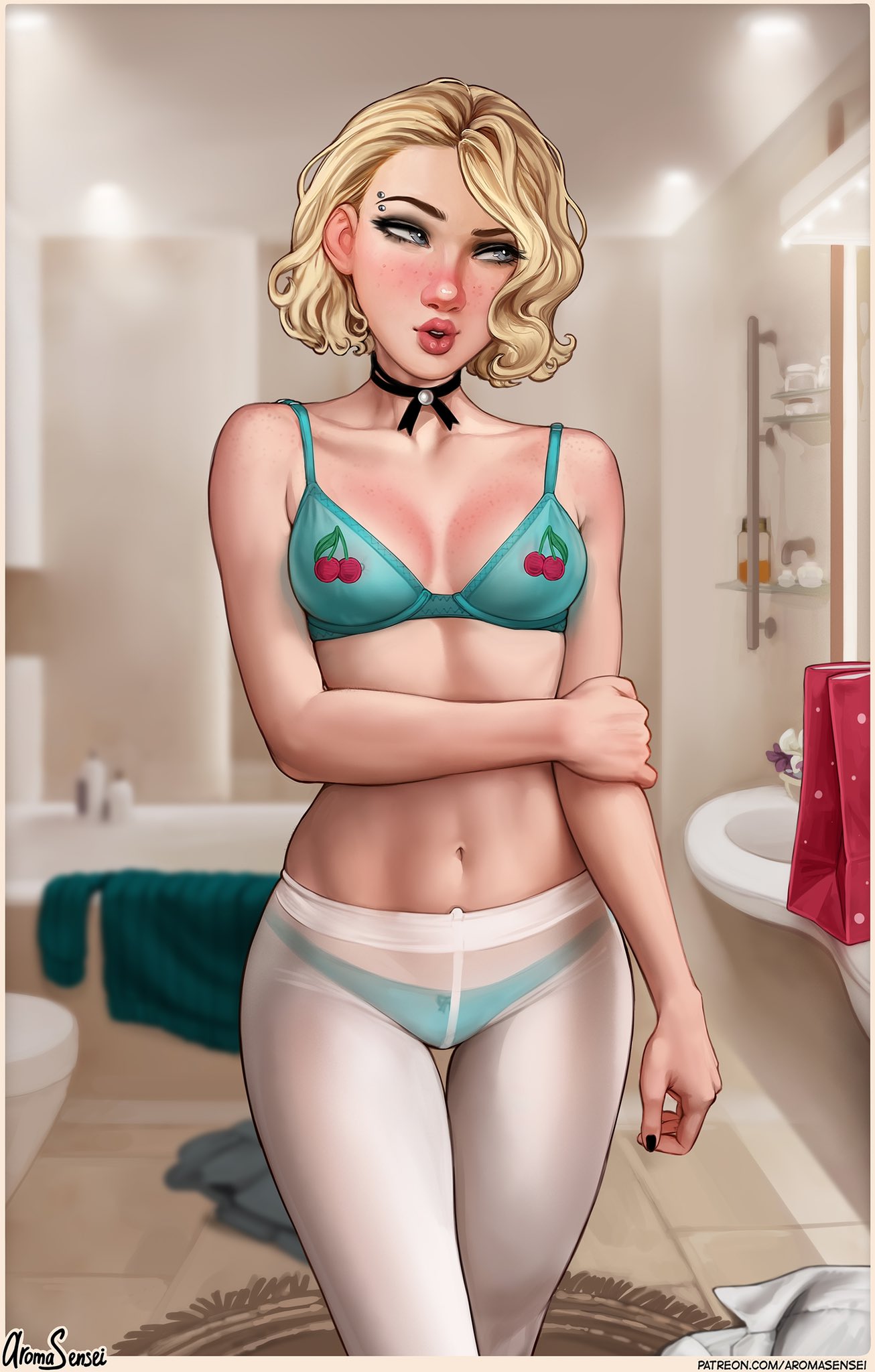 1girls, aroma sensei, athletic, athletic female, blonde hair, cute, cute face, eyebrow piercing, eyebrows, eyes, eyeshadow, female, female focus, gwen stacy, hair, hips, hourglass figure, legs, light skin, light-skinned female, lips, marvel, marvel comics, pantyhose, short hair, slim waist, spider-gwen, spider-man (series), spider-man: into the spider-verse, straight hair, superhero, superheroine, thick, thick legs, thick thighs, thighs, voluptuous, wide hips
