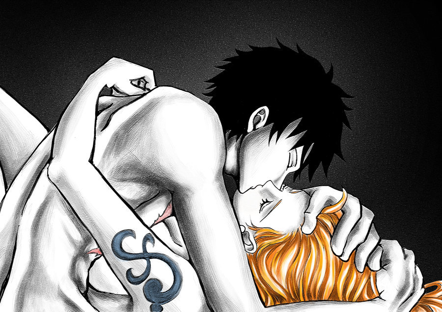 1boy 1boy1girl 1girls abs big_breasts black_hair breast_squish breasts breasts_against_chest couple curvy_female deep_kissing embrace female french_kiss grayscale kissing long_hair male monkey_d_luffy muscular_male nami nude one_piece orange_hair post-timeskip scar short_hair zippi44