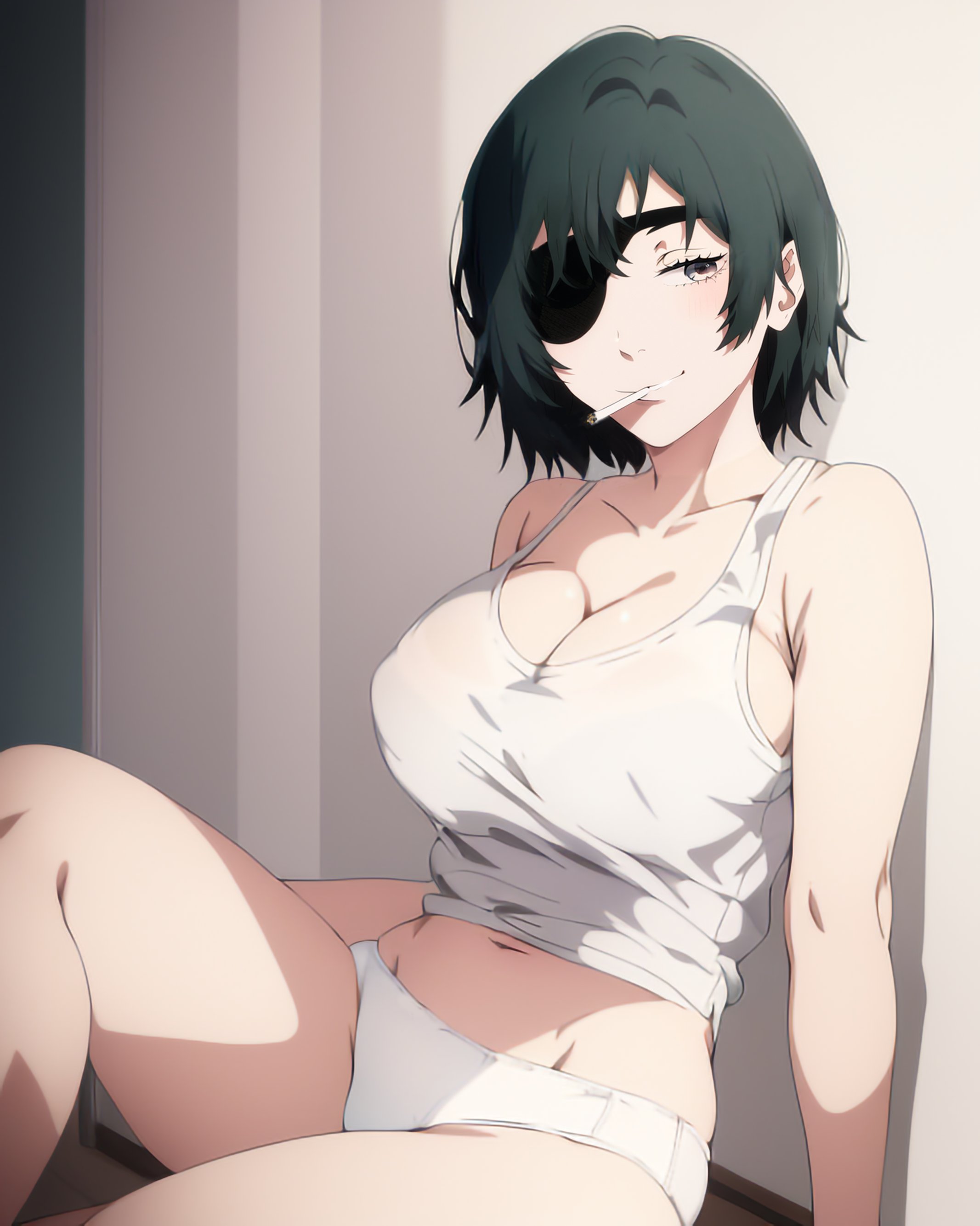 1girls, 92 brks, ai generated, big breasts, breasts, chainsaw man, cigarette, cigarette in mouth, cleavage, eyepatch, female, female only, himeno (chainsaw man), light skin, light-skinned female, looking at viewer, mappa, nipple bulge, sideboob, sitting, smoking, thick thighs