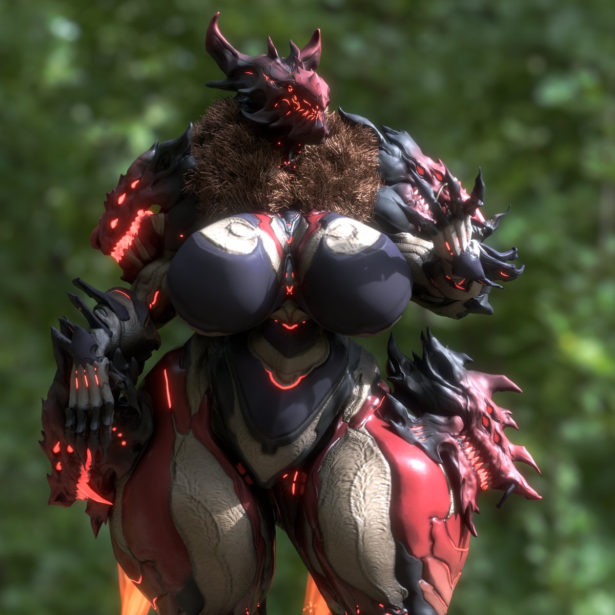 5_heads big_breasts blender breasts brown_fur claws coolmaster98 female huge_breasts huge_thighs thick_thighs voluptuous voruna_(warframe) warframe wide_hips