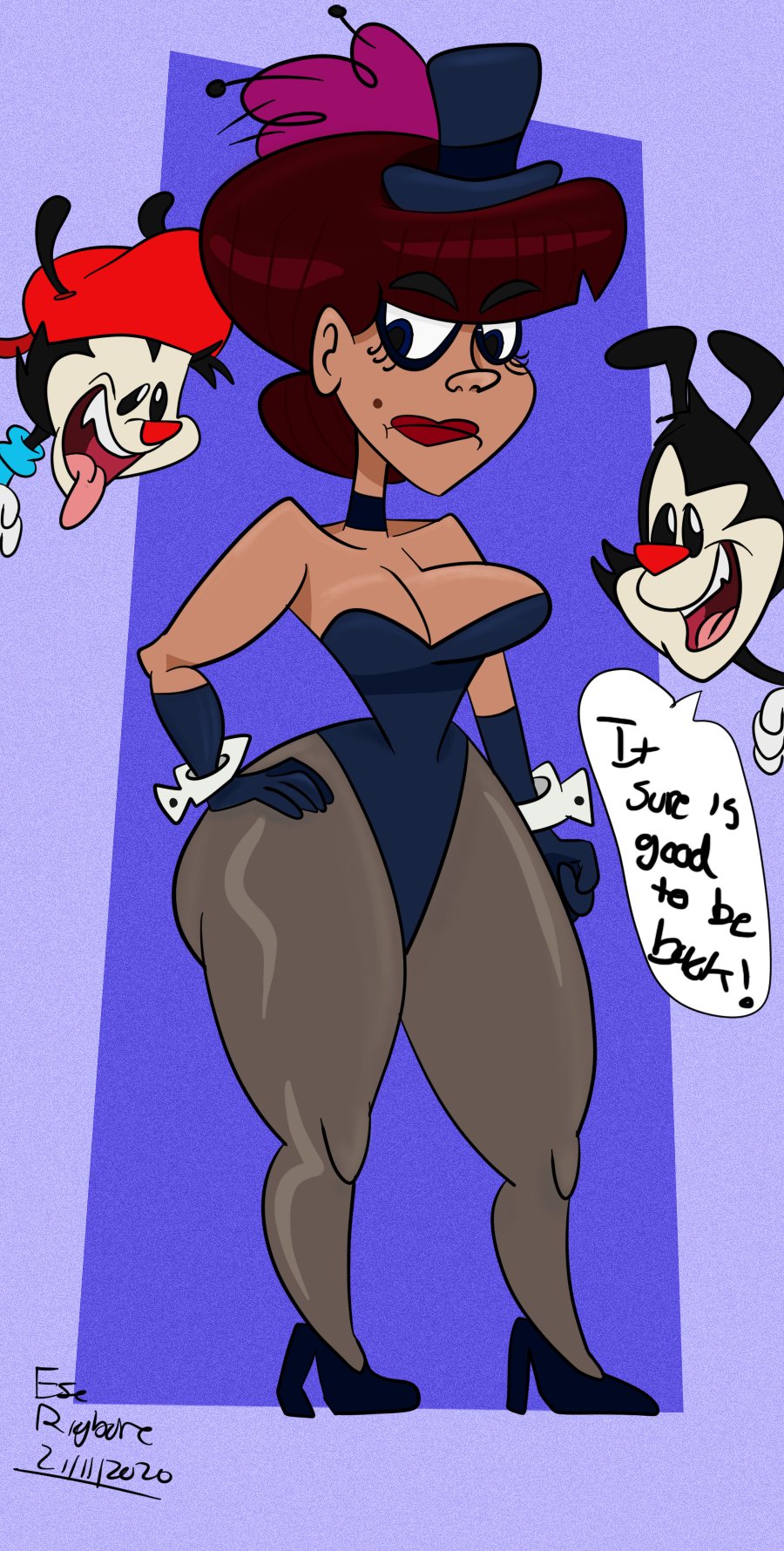 1girls animaniacs animaniacs_(2020) big_breasts breasts brilly_brumley brown_hair cleavage dark-skinned_female english_text eserigbone female high_heels hulu speech_bubble thick_thighs wakko_warner warner_brothers yakko_warner