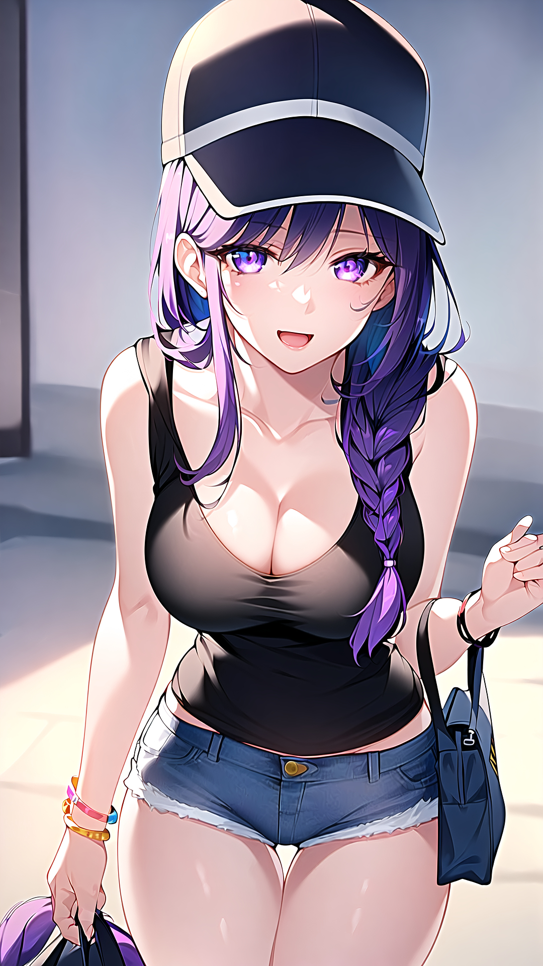 2023, ai generated, big breasts, bracelet, breasts, cap, cleavage, curvaceous, curvy body, curvy female, curvy figure, female, female focus, female only, genshin impact, hair braid, jean shorts, long hair, looking at viewer, mihoyo, open mouth, ponytail, purple eyes, purple hair, raiden shogun, shorts, stable diffusion, thick thighs, voluptuous female