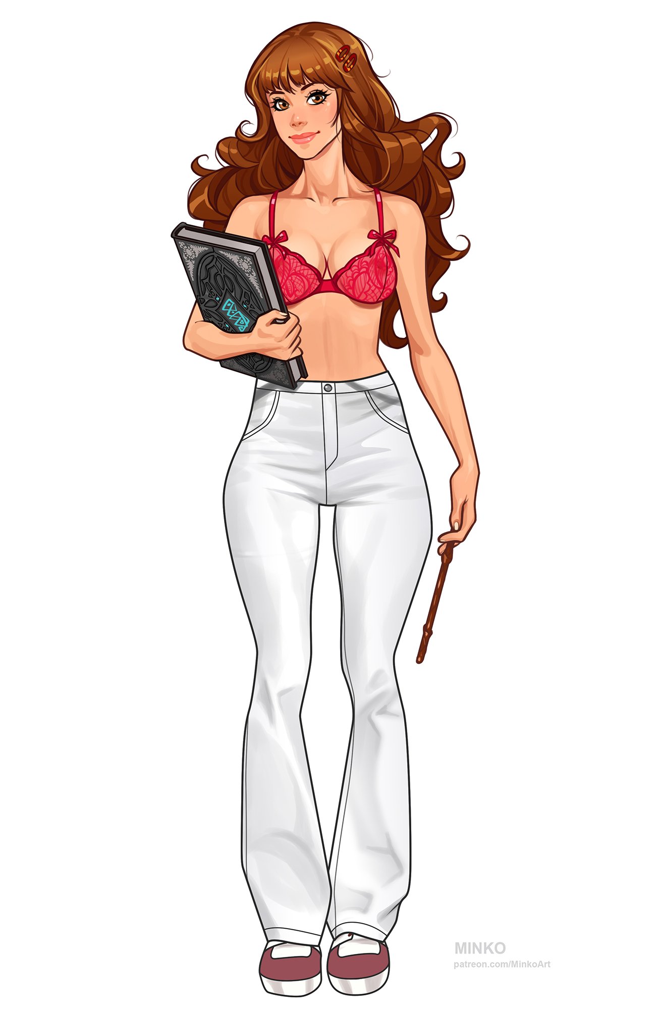 1girls, big breasts, bra, breasts, busty, cleavage, curvaceous, curvy, curvy figure, digital drawing (artwork), digital media (artwork), eyebrows, eyelashes, eyes, female, female focus, female only, gryffindor, hair, harry potter, hermione granger, hips, hourglass figure, legs, light skin, light-skinned female, lips, minko, olena minko, slim, slim waist, solo, solo female, thick, thick legs, thick thighs, thighs, upper body, voluptuous, waist, wand, wide hips, witch (harry potter)