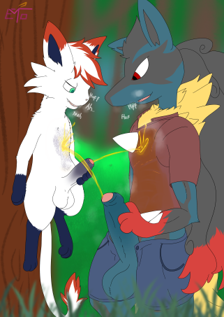 anthro bodily_fluids clothing duo eminto feral foreskin forest generation_1_pokemon genital_fluids genitals hisuian_form hisuian_zorua humanoid_genitalia humanoid_penis hybrid kai_mew-(character) legendary_pokemon low_res lucario male male/male mega_evolution mega_lucario mew_(pokemon) nintendo peeing penis plant pokémon_(species) pokemon pokemon_(species) regional_form_(pokemon) tree urine urine_on_chest watersports zorua