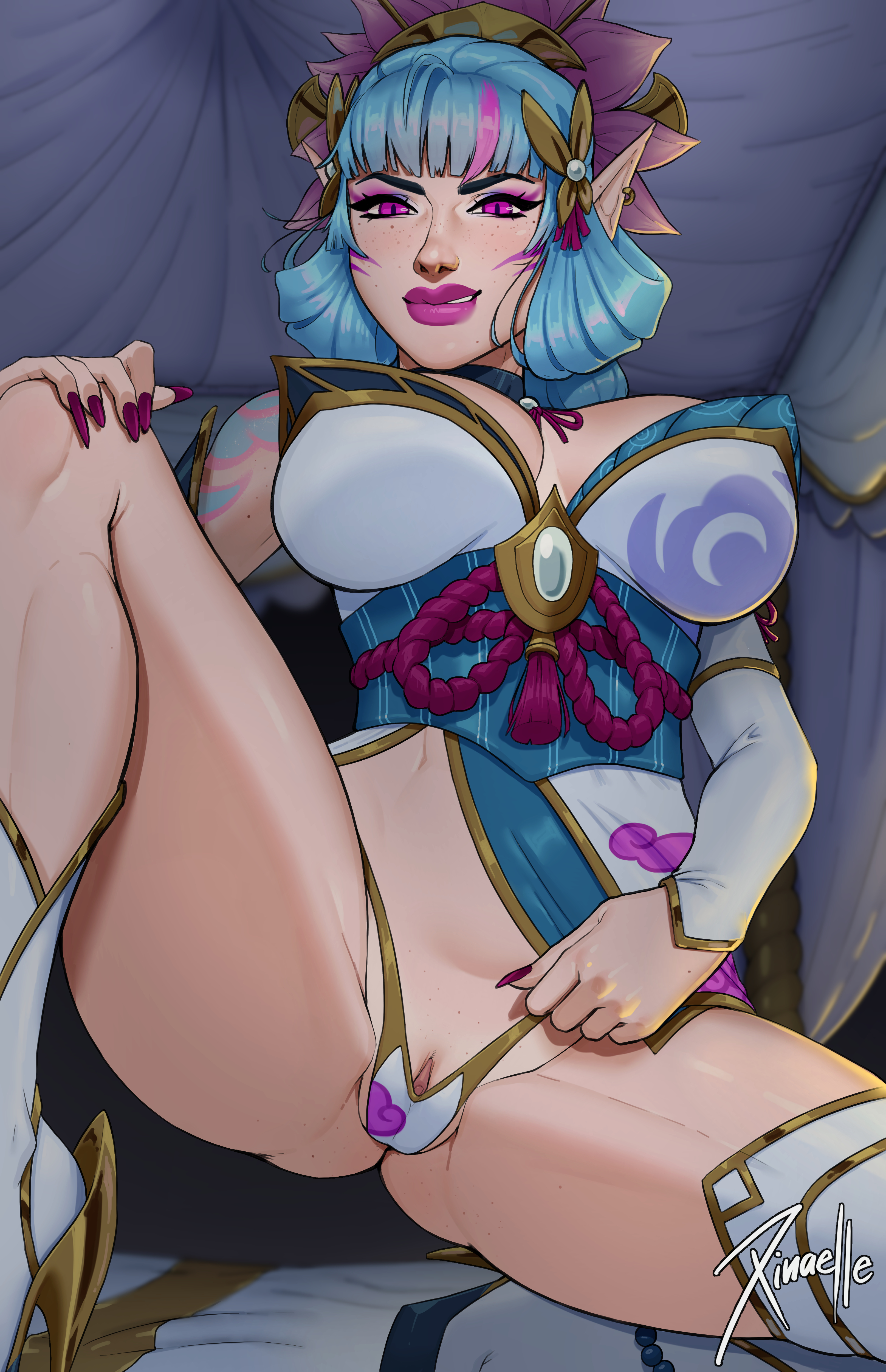 blue hair, demon, evelynn, female, league of legends, riot games, spirit blossom evelynn, spirit blossom series, succubus, tagme, xinaelle