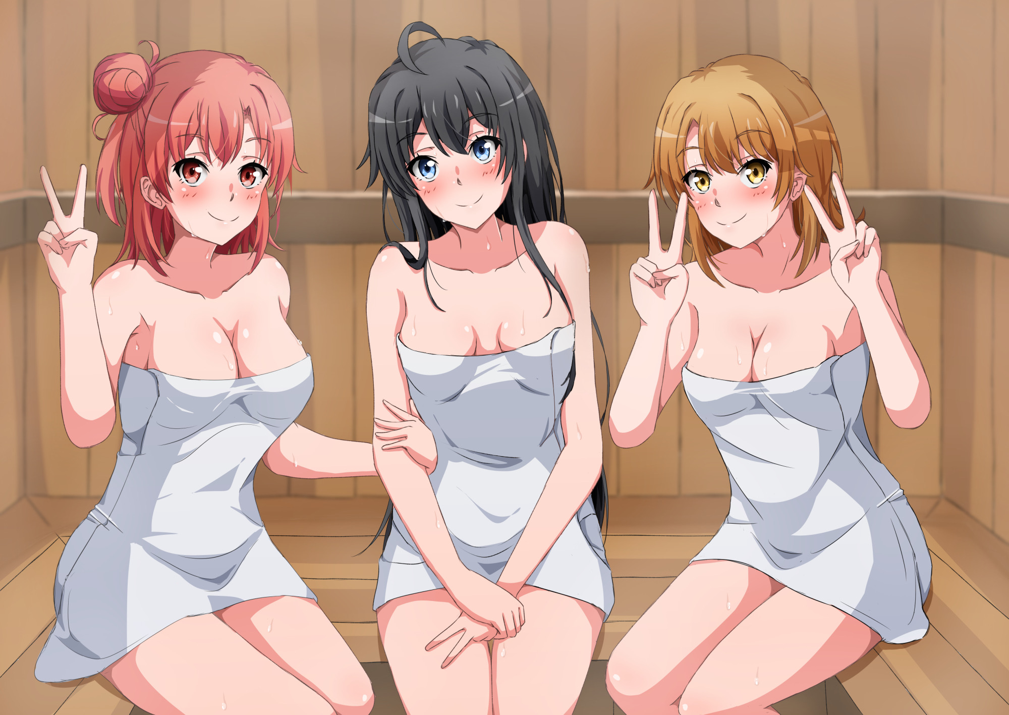 3girls, alluring, black hair, blonde hair, blue eyes, female, female only, isshiki iroha, multiple females, multiple girls, my teen romantic comedy snafu, naked towel, noya2424, orange eyes, orange hair, sauna, towel, towel only, v, yellow eyes, yuigahama yui, yukinoshita yukino, このやん