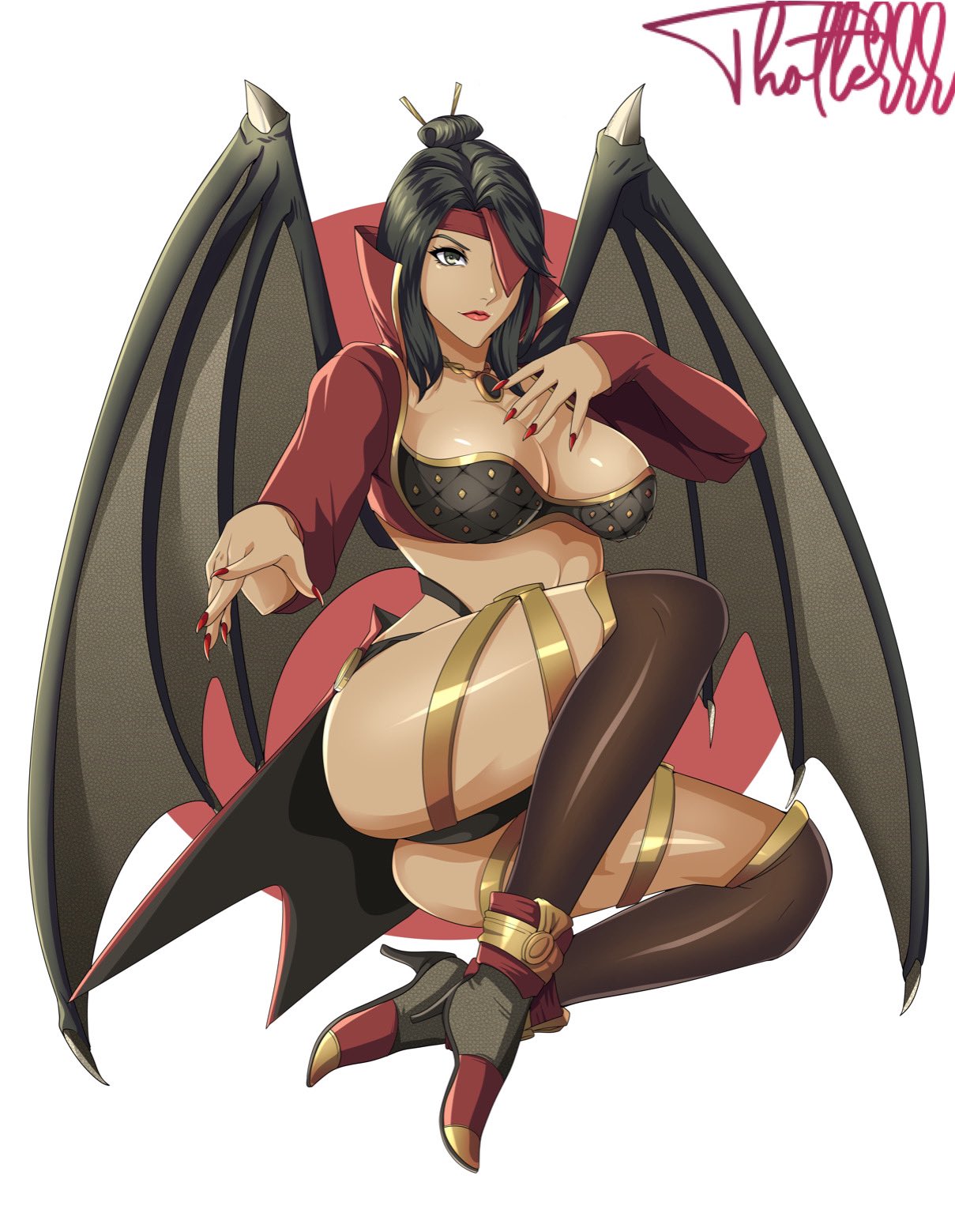 2d bat_wings black_hair breasts eyepatch female female_only knife lipstick mortal_kombat nitara red_lipstick sitting solo solo_female solo_focus thighs thotlerrr treartz vampire vampire_girl wings