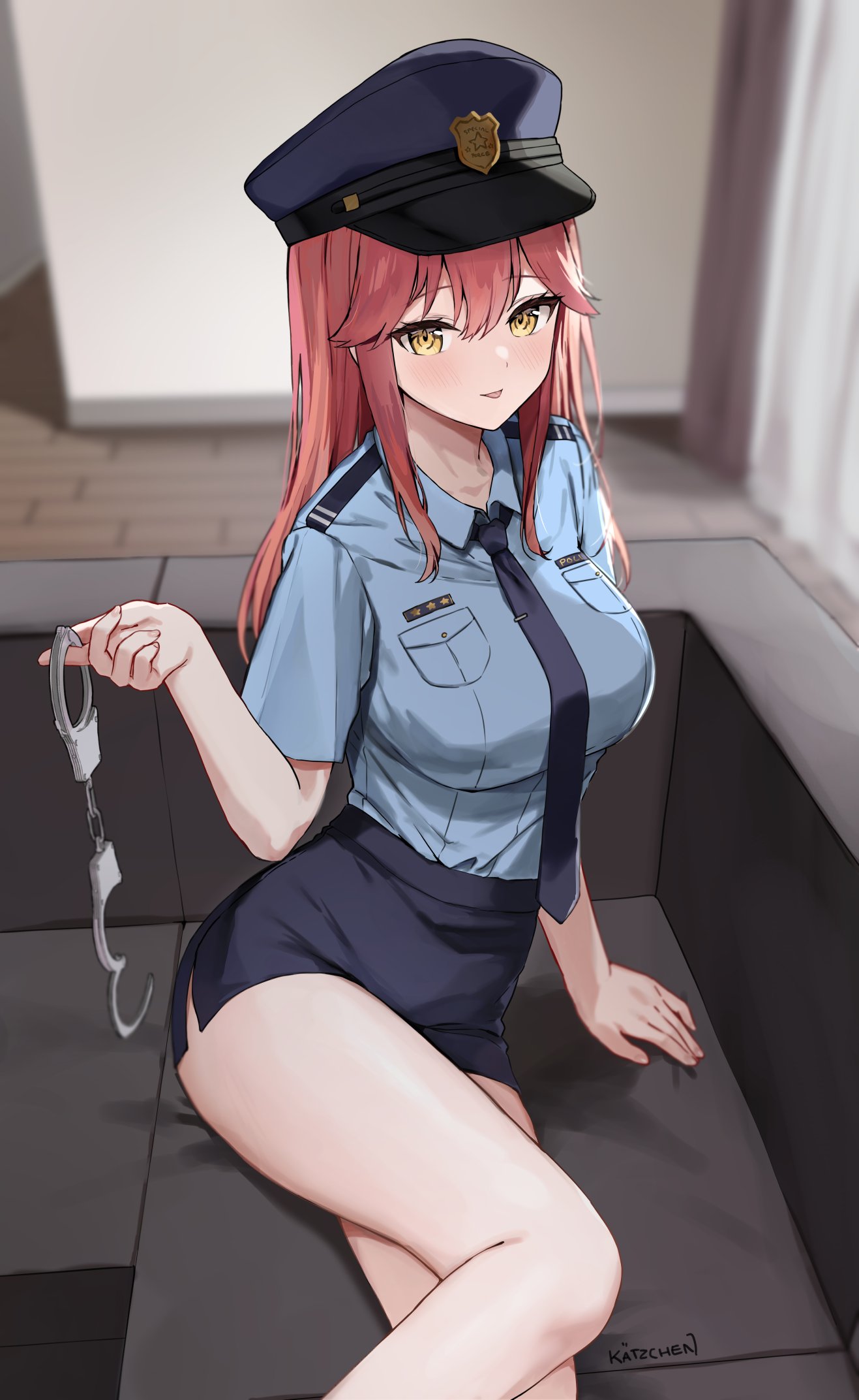 breasts female female_only handcuffs kaetzchen legs looking_at_viewer on_couch orange_hair police police_hat police_officer police_uniform policewoman red_hair seductive skirt thighs tongue_out yellow_eyes