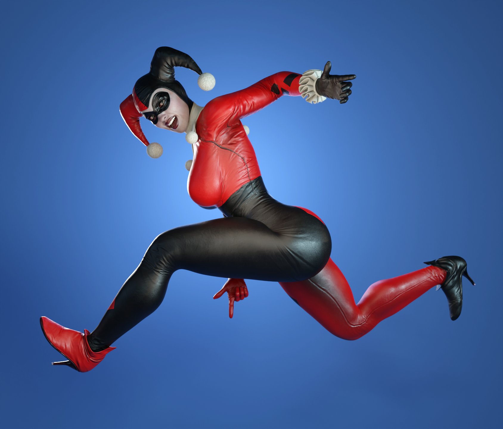 1girls, 3d, 3d (artwork), ass, batman (series), big ass, blender (software), blue background, bodysuit, dc, dc comics, female, female only, harley quinn, harley quinn (classic), harley quinn (injustice), high heels, injustice 2, large ass, meme, pose, simple background, smitty34, solo, solo female, sonic adventure, sonic adventure pose, sonic reference, tagme, thick thighs