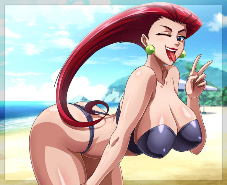 1girls, 2019, ass, ass up, beach, big ass, big breasts, big butt, bikini, black bikini, blue eyes, breasts, bubble ass, bubble butt, female, female focus, female only, hi res, high resolution, jessie (pokemon), large ass, large breasts, light skin, light-skinned female, long hair, looking at viewer, nintendo, nipples visible through clothing, one eye closed, peace sign, pokemon, pokemon (anime), pokemon rgby, red hair, sano-br, seductive, seductive look, seductive smile, summer, team rocket, thick ass, thick thighs, thighs, tongue, tongue out