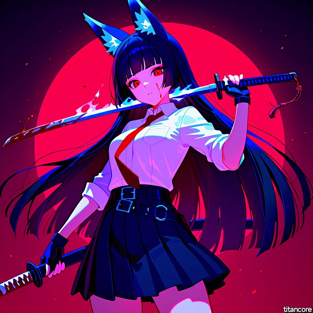 (titancore) adult ai_generated black_hair blood bloodmoon cute_girl female fox_ears fox_girl fox_humanoid girl hime_cut holding_object hoshimi_miyabi katana long_hair red_eyes school_uniform schoolgirl swordmaster thiren video_game_character zenless_zone_zero