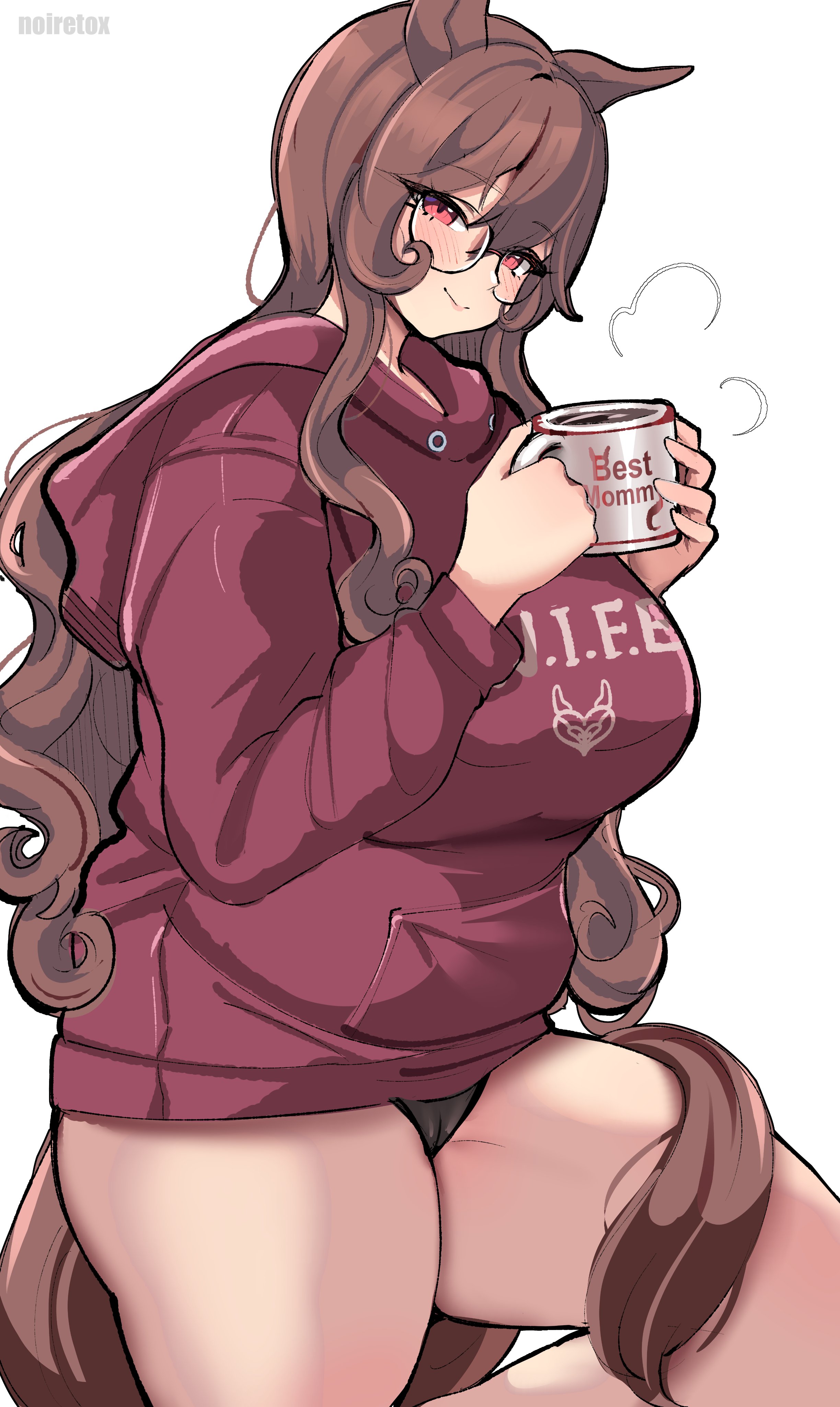 1girls, black panties, blush, brown hair, cameltoe, coffee, drink, female, gentildonna (umamusume), glasses, hands up, holding object, hoodie, horse ears, horse girl, horse tail, long hair, mug, noiretox, panties, partially clothed, red eyes, solo, solo female, tail, umamusume