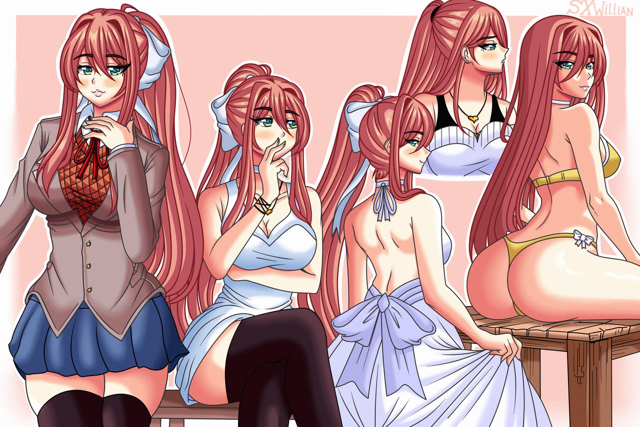 1girl, big ass, big boobs, big breasts, bikini top, blazer, blue skirt, bow, breasts, cleavage, coral brown hair, doki doki literature club, fat ass, green eyes, light skin, monika (doki doki literature club), ponytail, straight hair, sundress, thong, thong bikini, uniform female, uniform top, wedding dress, willianxs