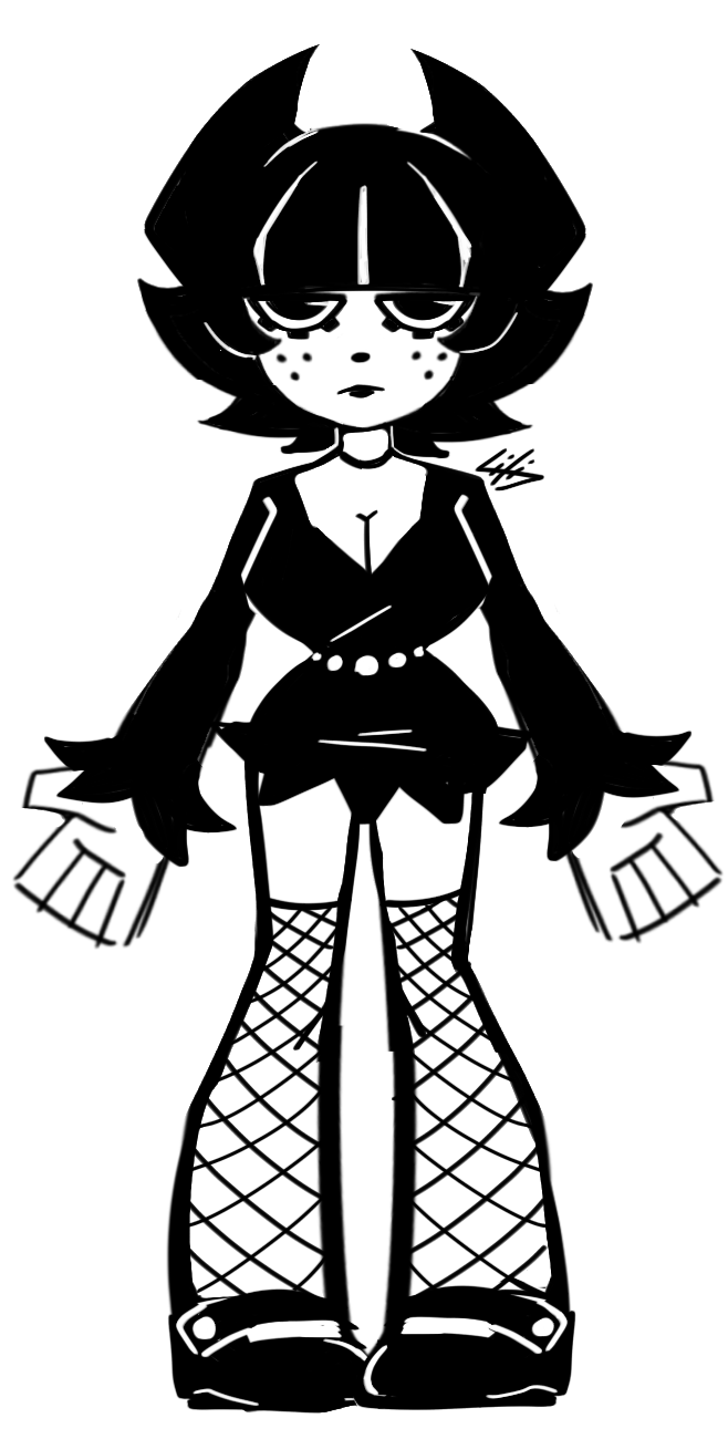 2026 artist_upload big_breasts bigoldstinker black_and_white black_lipstick boobs cartoony choker cleavage demon_girl demon_horns dress fishnet fishnet_stockings freckles highres ibispaint_(artwork) ibispaintx lipstick looking_at_viewer makeup neutral_expression oc original original_artwork original_character self_upload sfw short_hair sketch stockings succubus