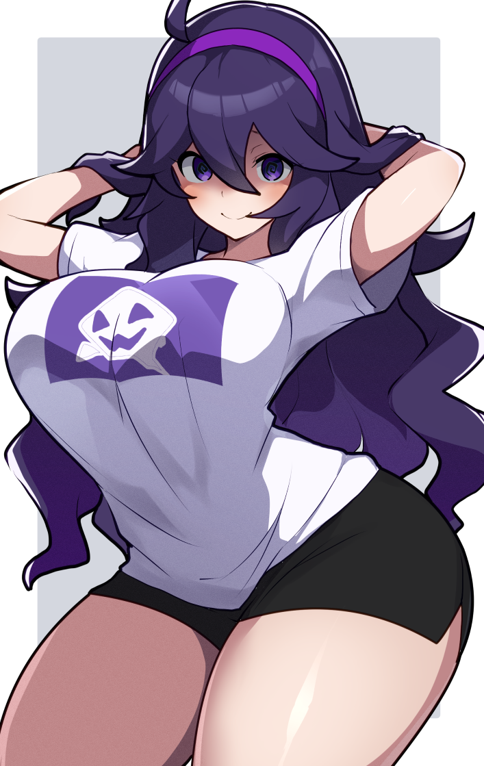 1girl, alternate breast size (larger), arms behind head, border, breasts, commentary request, curvy female, curvy hips, grey background, hair over one eye, hairband, hex maniac, hex maniac (pokemon xy), hex maniac (pokemon), large breasts, long hair, looking at viewer, mituyota 76, nintendo, pokemon, pokemon x and y, purple eyes, purple hairband, shirt, simple background, slightly chubby, slightly chubby female, solo, straining clothing, t-shirt, tight clothing, tight shorts, white border, white shirt, wide hipped female