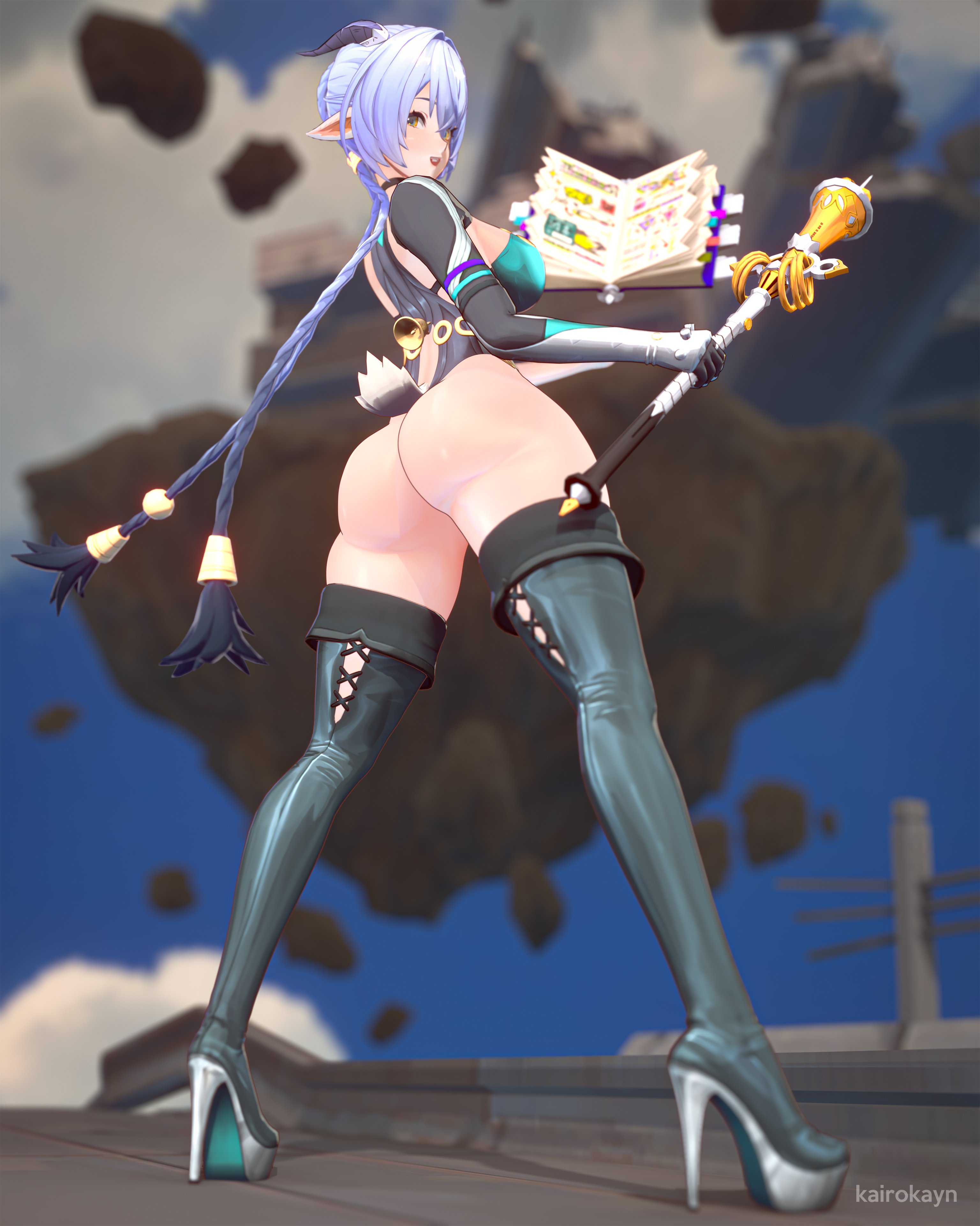 3d, ass, ass focus, blue hair, goat, goat girl, hazeker, heels, horn, horns, huge ass, kairokayn, legwear only, light-skinned female, lucia elowen, pointy ears, smiling, tagme, tail, thiren, zenless zone zero