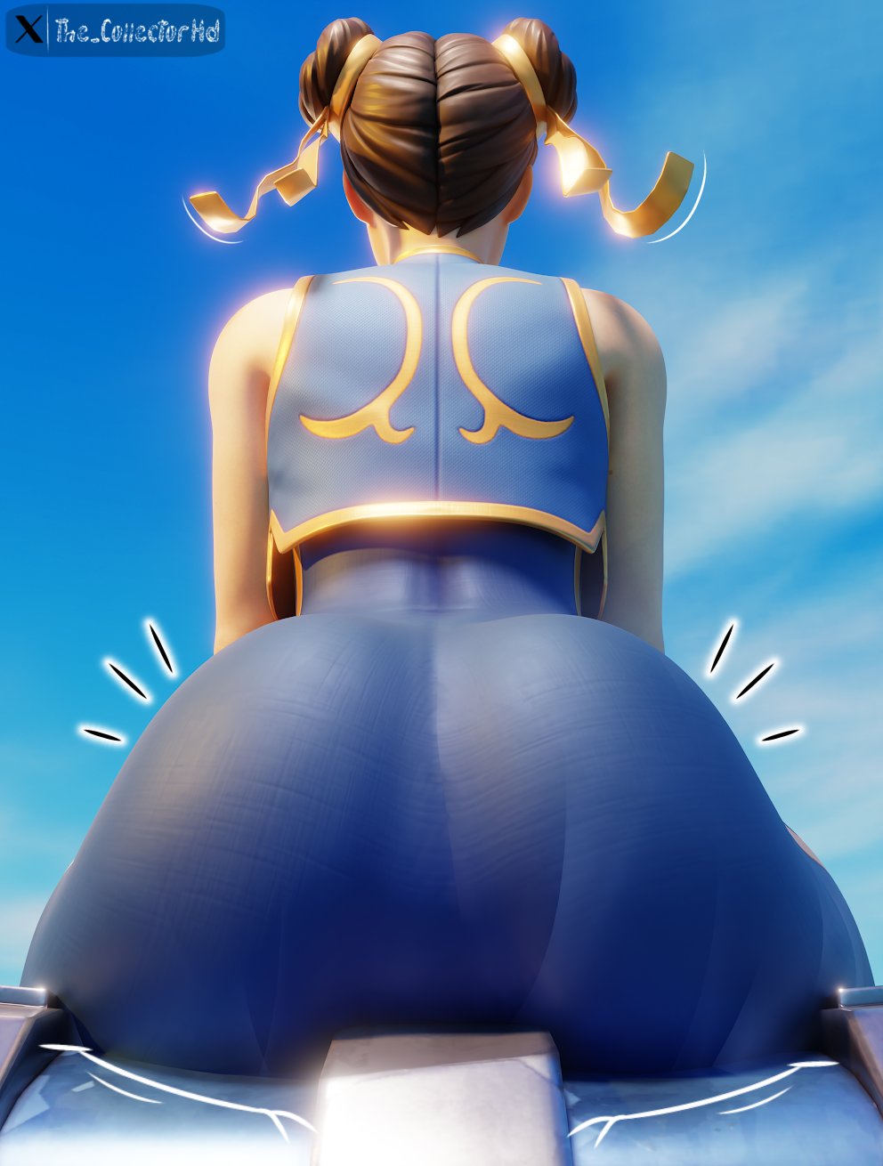 3d, 3d (artwork), ass, ass focus, back view, big ass, chun-li, chun-li (fortnite), chun-li (street fighter alpha), clothed, clothed female, clothing, female, female focus, female only, fortnite, fully clothed, fully clothed female, hair bun, hair buns, hair ribbon, hair ribbons, huge ass, movement lines, safe, safe for work, sfw, sitting, sitting on object, solo, solo female, solo focus, street fighter, street fighter alpha, the collectorhd, watermark