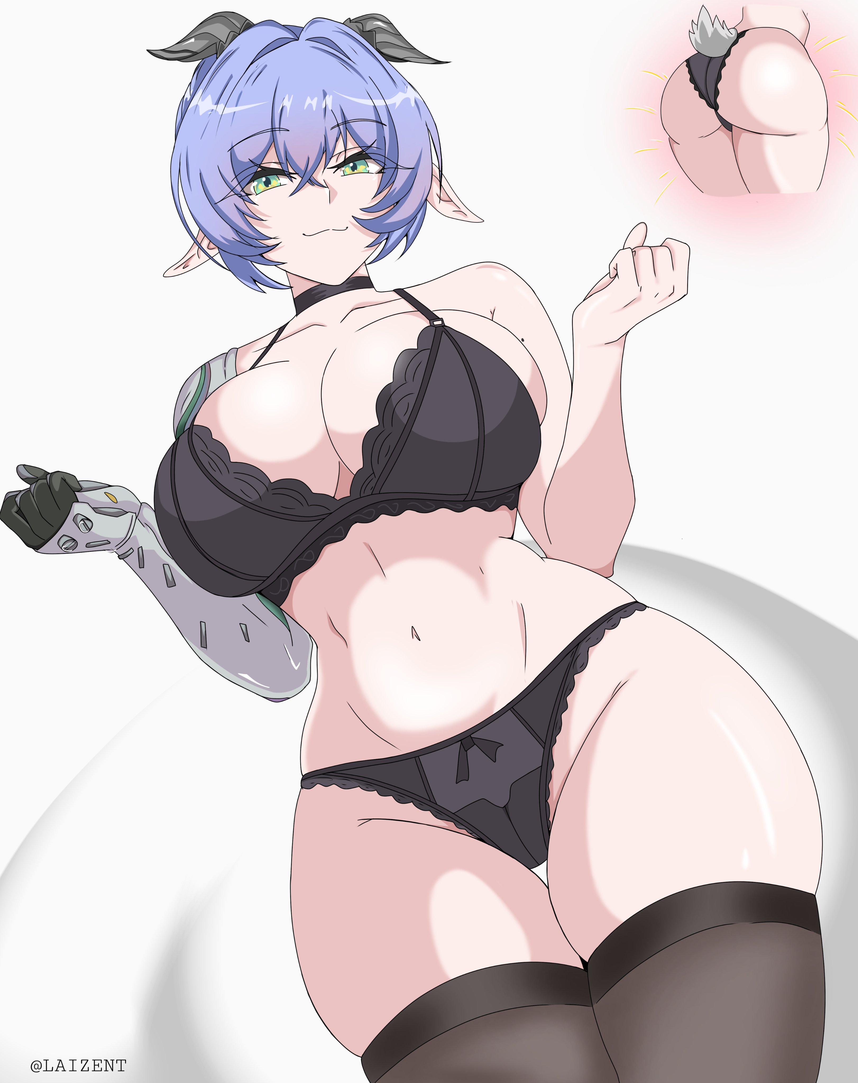animal horns, artzyzen, bangs, big ass, big breasts, big butt, black panties, blue hair, bob cut, breasts bigger than head, busty, busty female, cameltoe, curvy, curvy female, elf ears, goat girl, hair between eyes, lacy bra, lacy panties, laizent art, lingerie, lucia elowen, panties, robotic arm, short hair, thick ass, thick thighs, thigh gap, thighhighs, wide hips, zenless zone zero