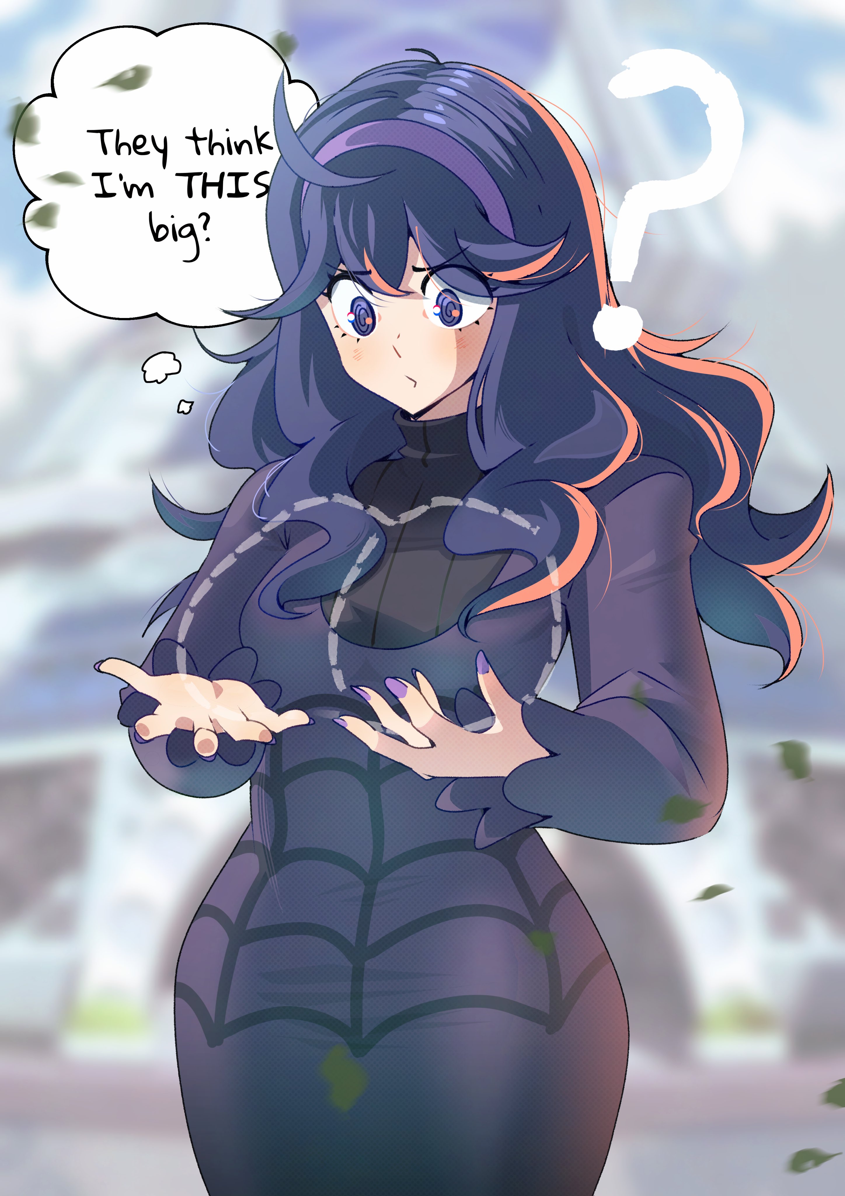 1girl, absurdres, ahoge, black dress, commentary, dress, english commentary, english text, fingernails, gjh, hairband, hex maniac, hex maniac (pokemon xy), hex maniac (pokemon), highres, long sleeves, nintendo, pokemon, pokemon x and y, purple eyes, purple hair, purple hairband, purple nails, solo, speech bubble, thought bubble