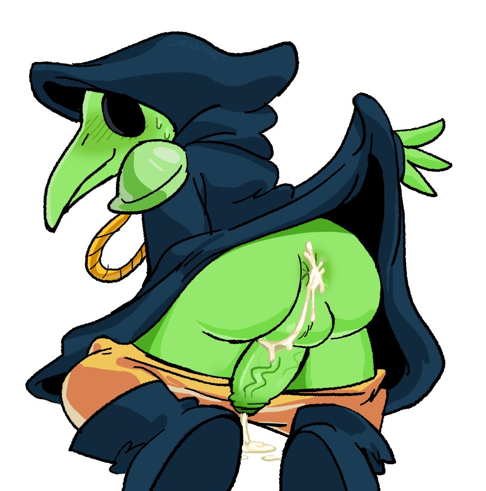 anus ass avian balls beak blush bodily_fluids clothed clothing cum cum_in_ass cum_inside erection genital_fluids genitals humanoid_genitalia isomaru looking_at_viewer looking_back male male_only penis plague_doctor plague_knight presenting presenting_hindquarters shovel_knight simple_background solo video_games white_background yacht_club_games