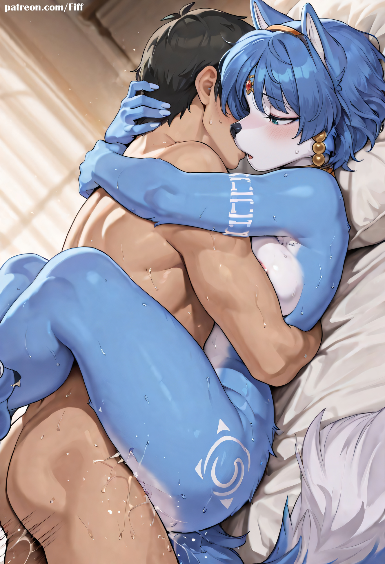 1boy, 1girls, ai generated, dripping, feet, female, fiff, furry, furry female, furry only, highres, krystal, krystal (star fox), naked, nude, penetration, pussy, smiling, sweat, tail, vagina, vaginal penetration