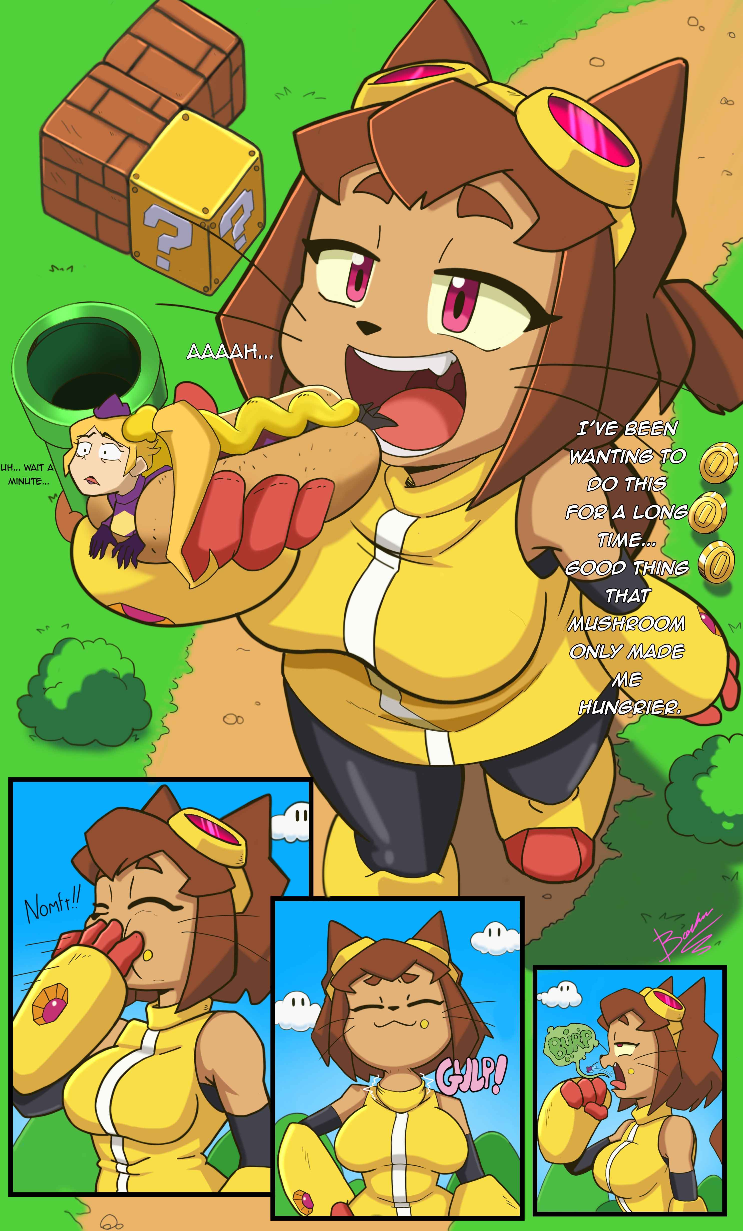 2girls, blonde hair, bochisu, cat ears, feline, female prey, furry, gameoverse, giantess, glitch productions, hot dog, imminent vore, kit (gameoverse), kit bodega, lesbian, macro, mario (series), micro, miss information (gameoverse), mustard, onomatopoeia, swallowing, tiny, vore, yellow hair, yuri
