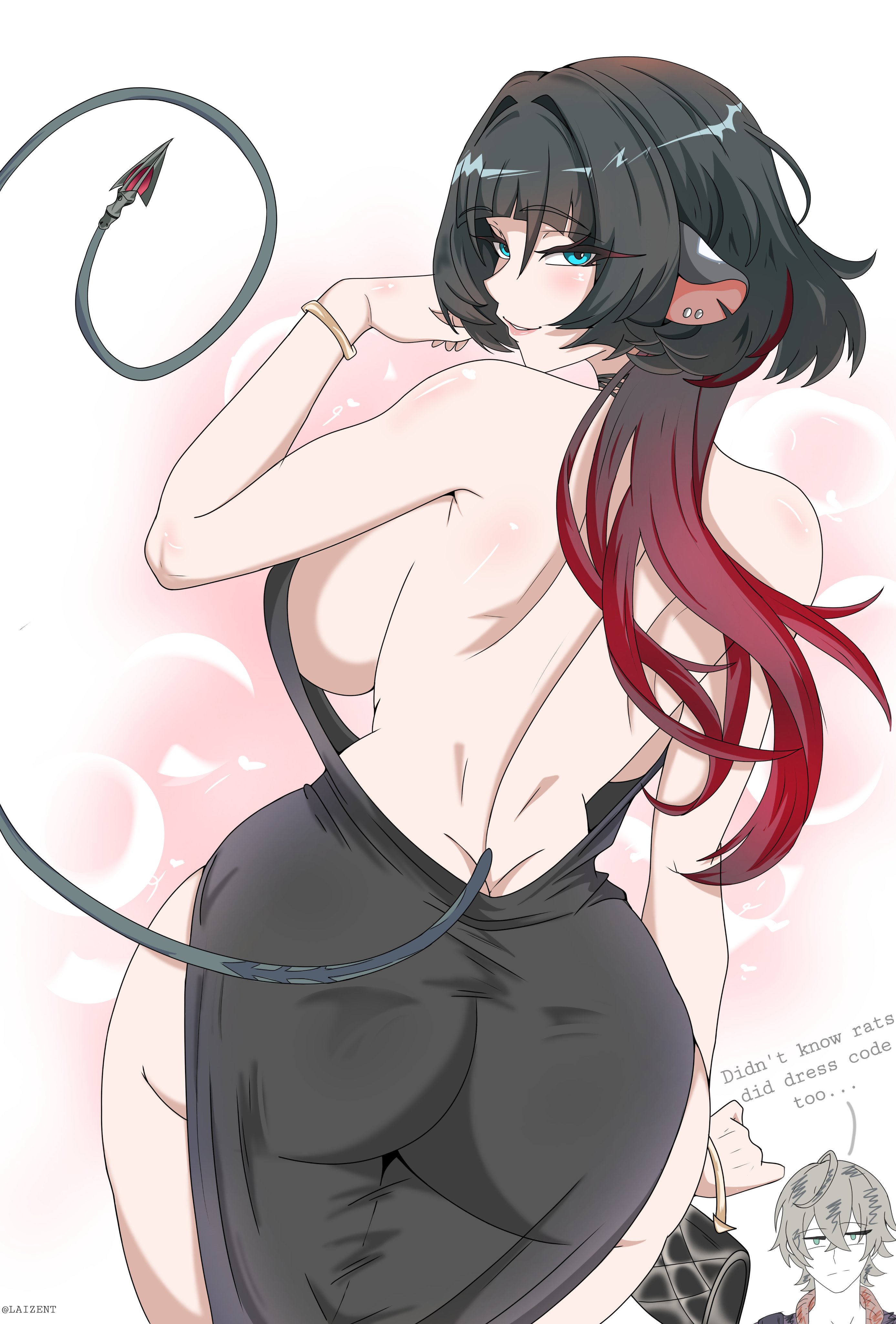 artzyzen, backboob, backless dress, backless outfit, bangs, big ass, big breasts, black and red hair, busty, busty female, curvy, curvy female, dress, jane doe (zenless zone zero), laizent art, long hair, male in background, rat ears, rat girl, rat tail, sideboob, thick ass, thick thighs, wide hips, wise (zenless zone zero), zenless zone zero