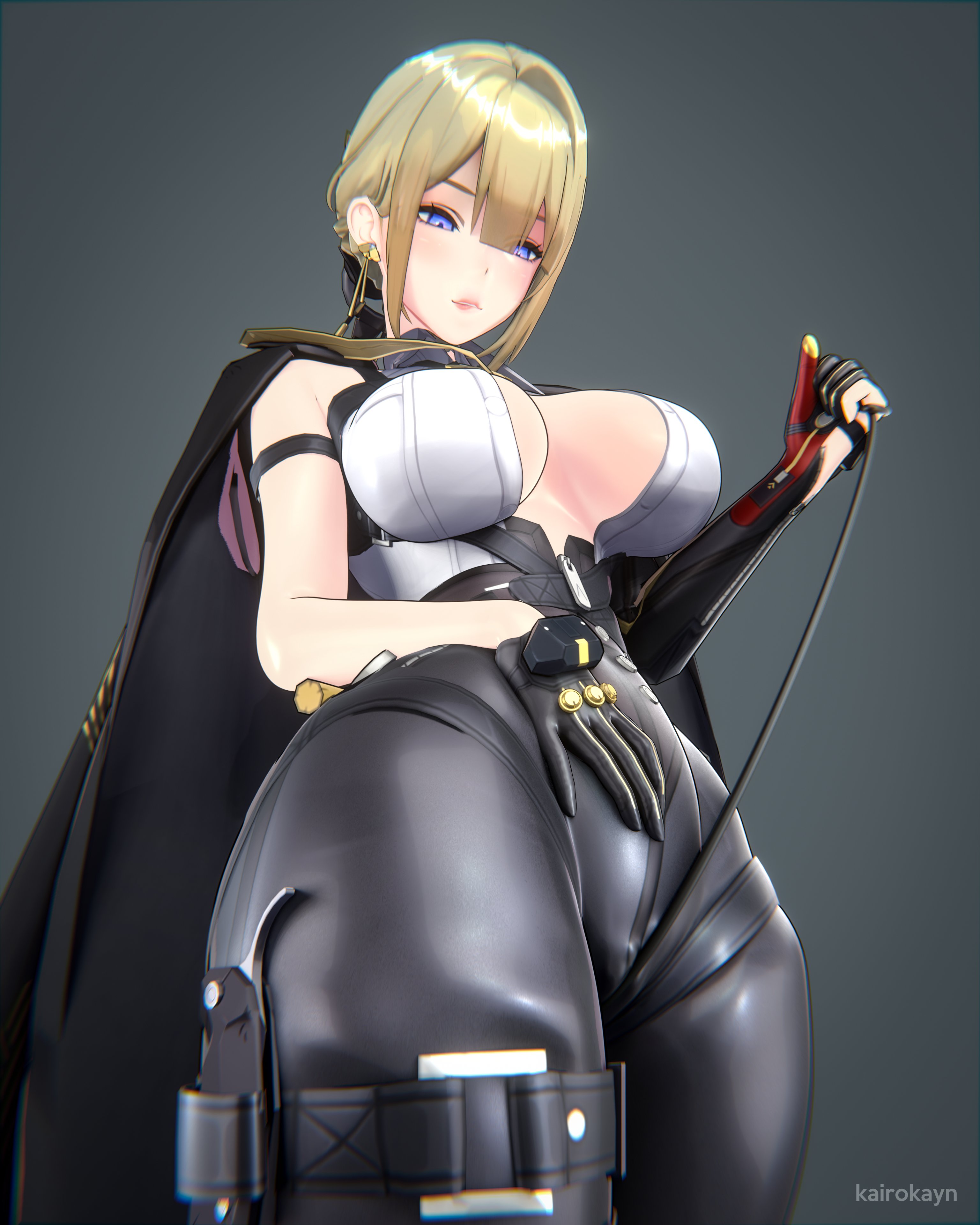 3d, biting lip, blonde hair, boob window, clothed, evelyn chevalier, hazeker, huge breasts, kairokayn, purple eyes, short hair, tagme, zenless zone zero