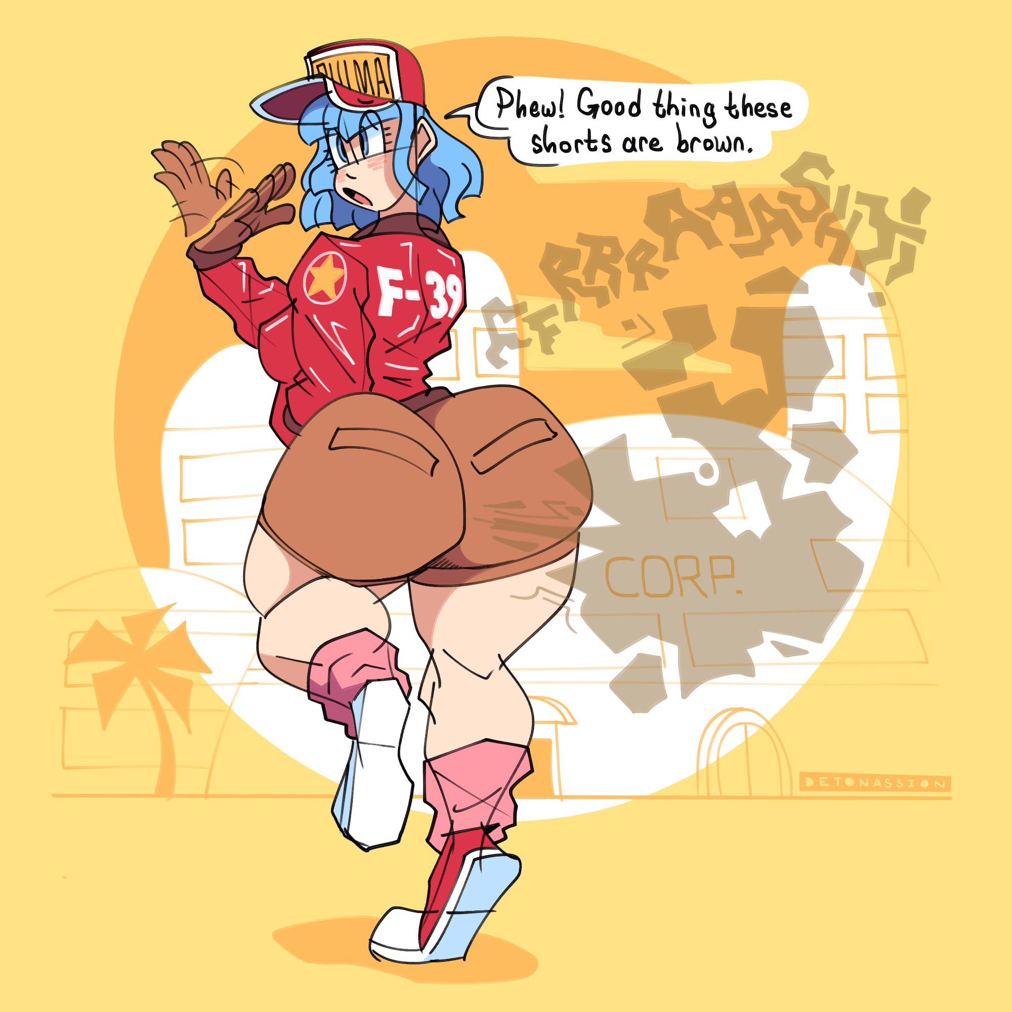 1girls, 2022, alternate color, alternate version, alternate version at source, ass, big ass, booty shorts, brown shorts, bubble butt, bulma briefs, color, detonassion, digital drawing, digital media, dragon ball, fanning, fanning face, fanning self, fart, fart cloud, fart fetish, fat ass, female, huge ass, implied scat, jpg, purple hair, round ass, round butt, shart, sharting, short hair, shorts, solo, solo focus, twitter link, wet fart