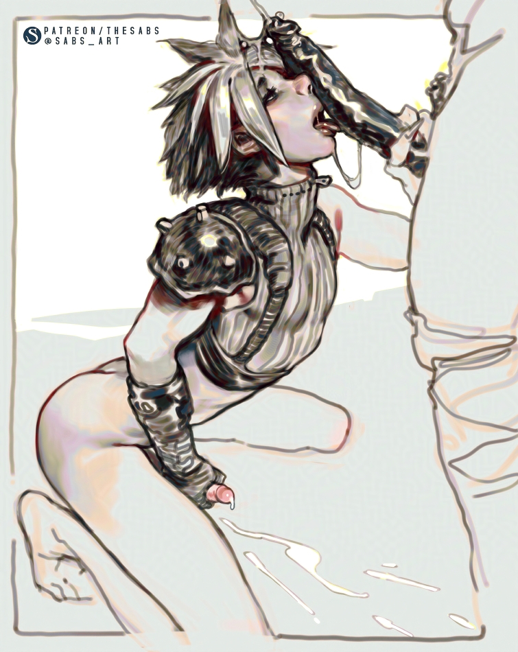 2026, 2d, 2d (artwork), arched back, armpit peek, bottomless, cloud strife, cum, cum on face, cumshot, ejaculation, final fantasy, final fantasy vii, gay, kneeling, kneeling oral position, licking penis, masturbation, oral, partially clothed, pointy hair, pubic hair, sabudenego, twink, yaoi