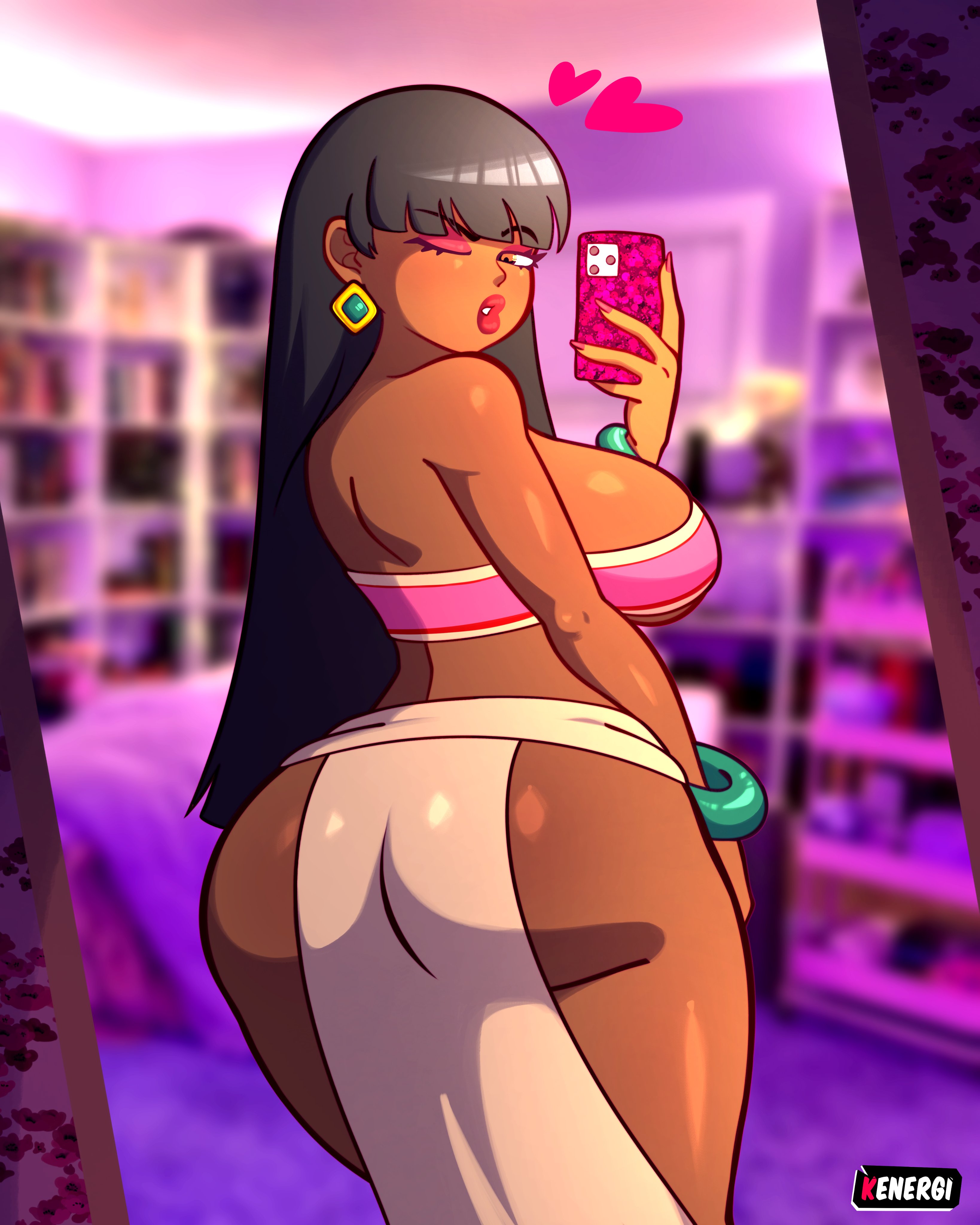 1girls, armwear, ass, big ass, big breasts, bimbo, black hair, bottomwear, brown eyes, chel, curvy female, curvy hips, ear piercing, earrings, exposed hips, eyeshadow, female, female only, hair, heart, hearts, hip cleavage, hip focus, holding object, holding phone, huge ass, huge breasts, kenergi, lips, long hair, looking back, nails, one eye closed, parted lips, pelvic curtain, phone, pink eyeshadow, selfie, selfie pose, sideboob, slightly chubby, slightly chubby female, smile, solo, solo female, the road to el dorado, thick thighs, thighs, topwear, tubetop, wink, winking